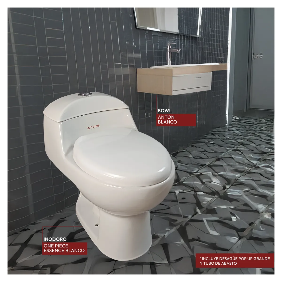 STONE - COMBO INODORO ONE PIECE ESSENCE BLANCO - LAVAMANOS ANTON BLANCO STONE