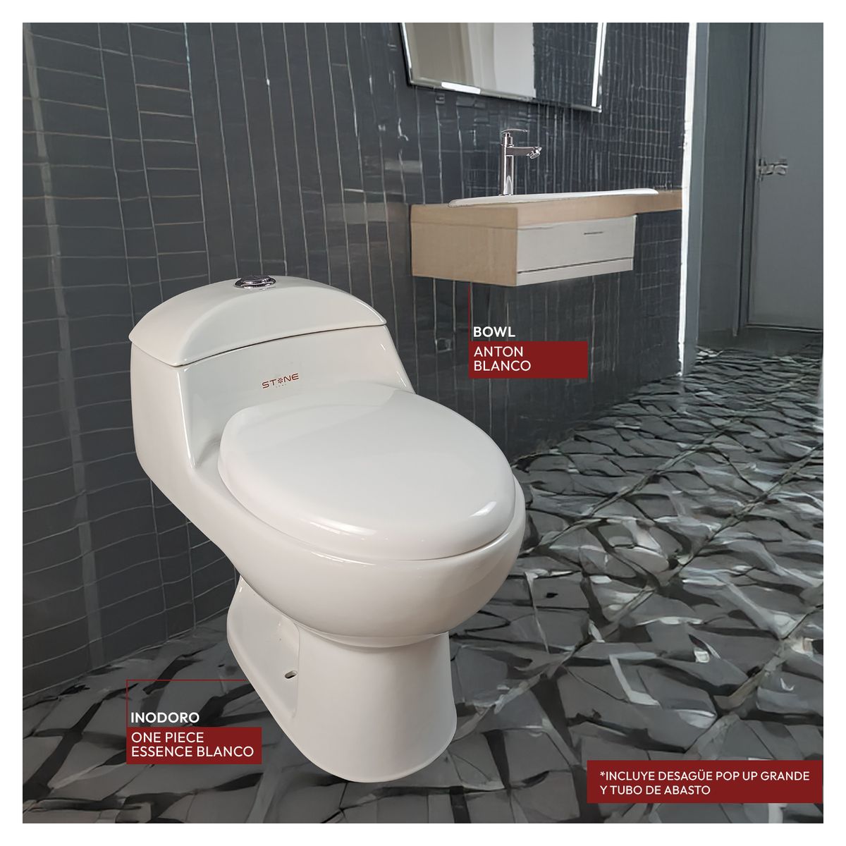 STONE - COMBO INODORO ONE PIECE ESSENCE BLANCO - LAVAMANOS ANTON BLANCO STONE