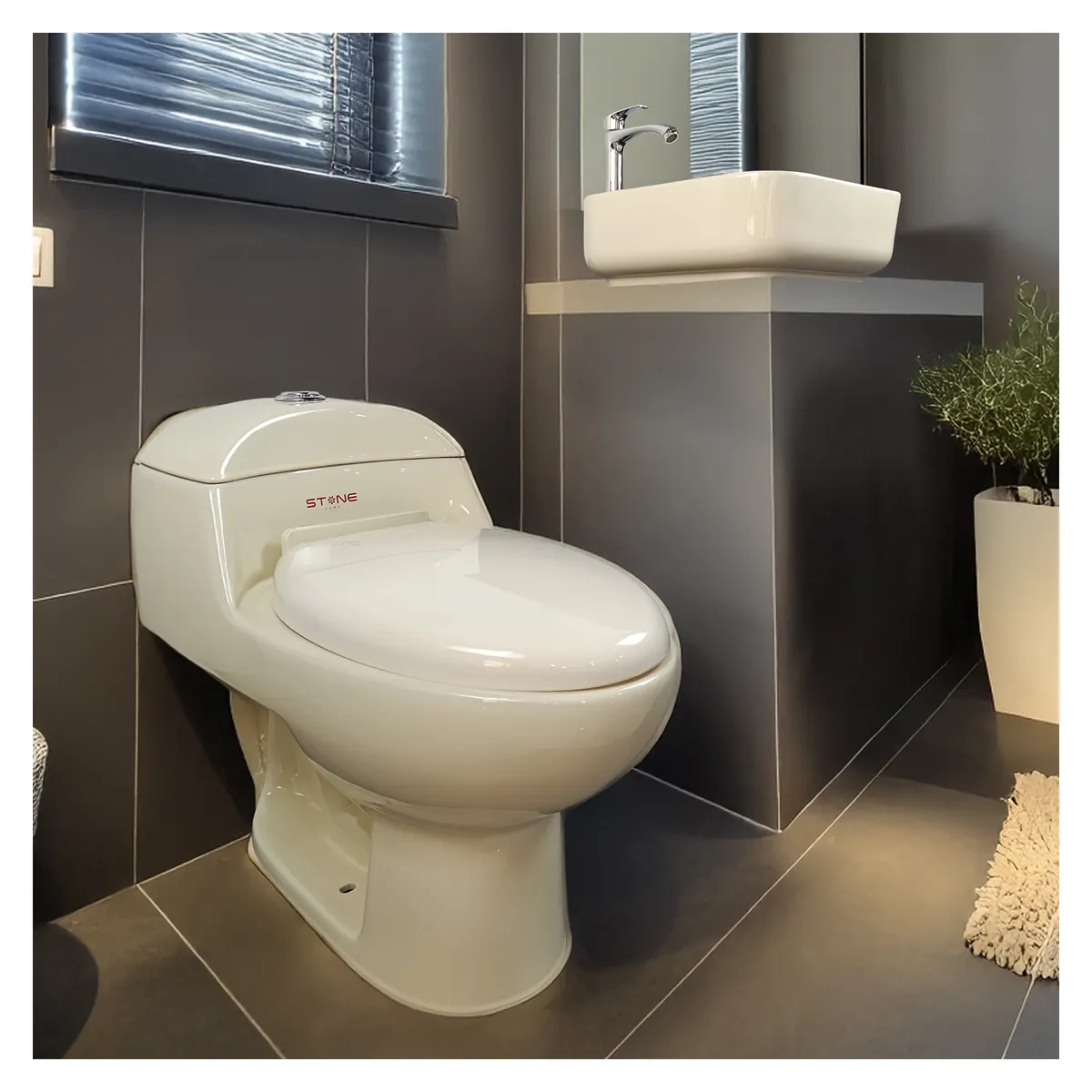 STONE - COMBO INODORO ONE PIECE ESSENCE BONE - LAVAMANOS AMALIA  BONE STONE