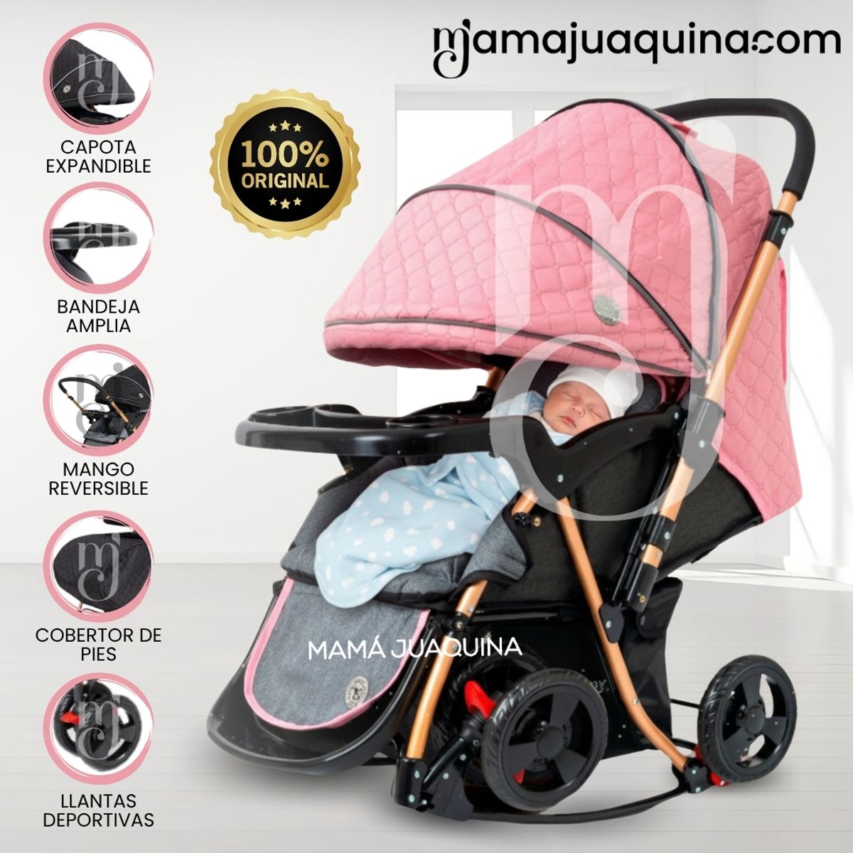 BABY HAPPY - Coche Cuna Mecedora de Lujo «GRAND ROYCE» Pink