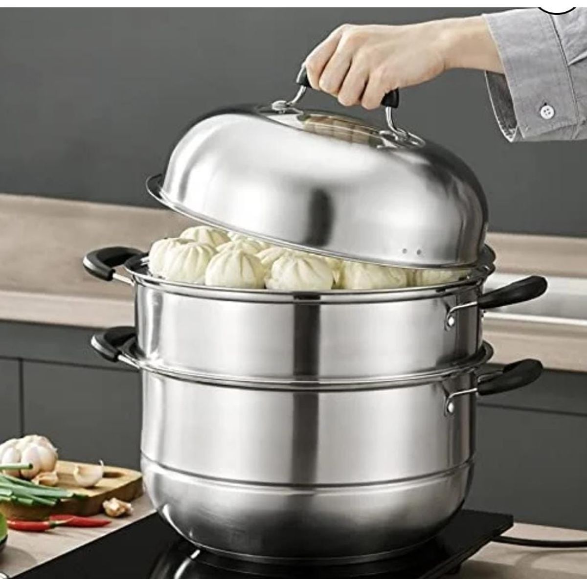 GENERICO - Vaporera profesional con 2 asas de acero inoxidable