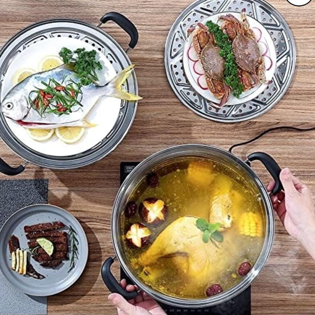 GENERICO - Vaporera profesional con 2 asas de acero inoxidable