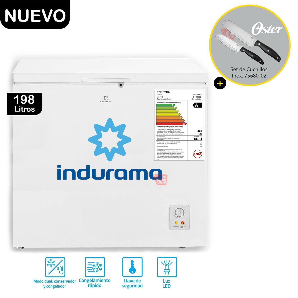 INDURAMA - Congeladora Defrost CI-220BL 198Lts + Set de Cuchillos 75680-02