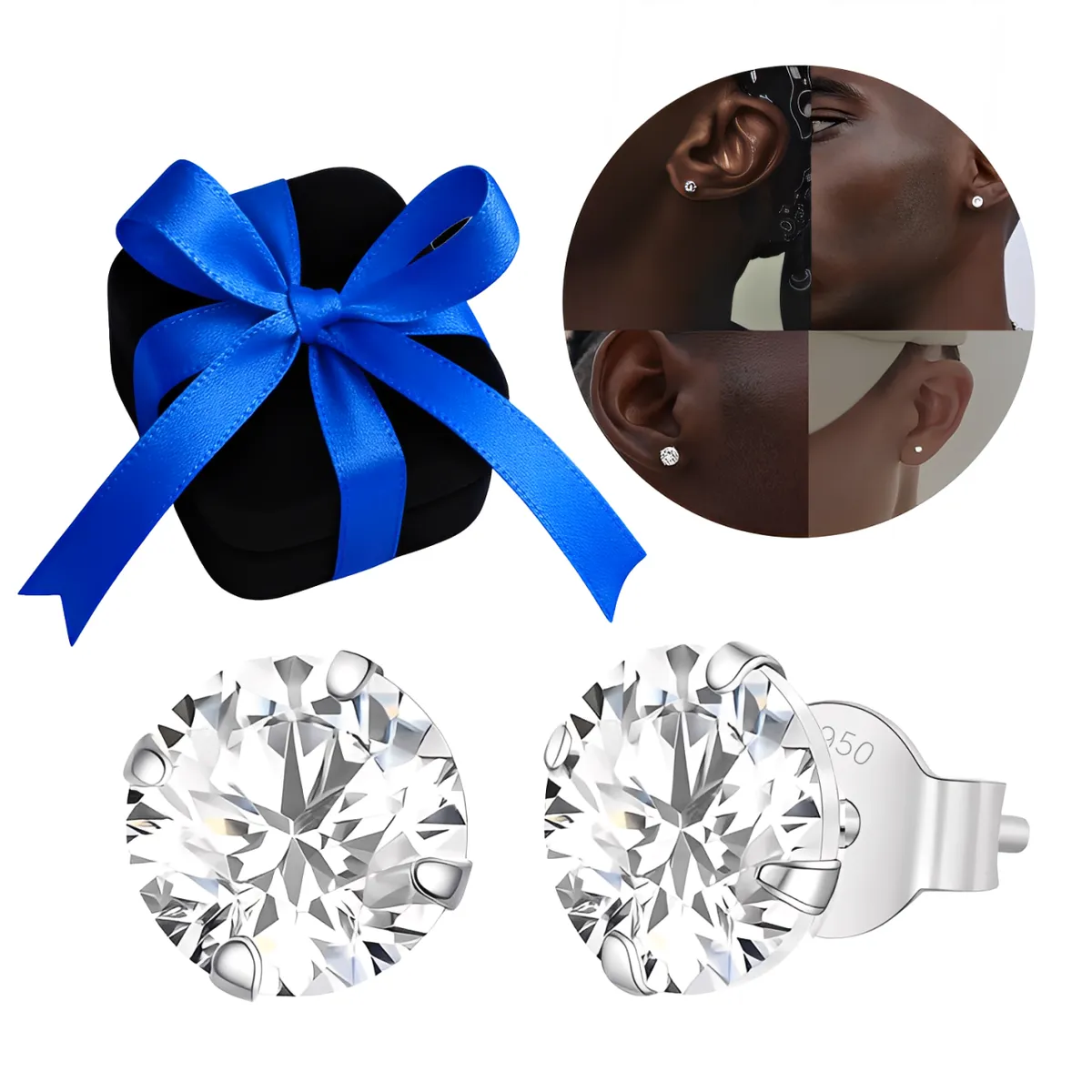 GENERICO - Aretes Pendientes Hombre Joya Plata 950 Zircón Blanco - 4mm