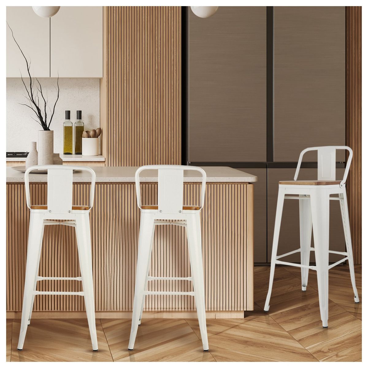 NOVAHUS - Set x 4 Bancos de Bar Tolix Asiento de Madera Blanco