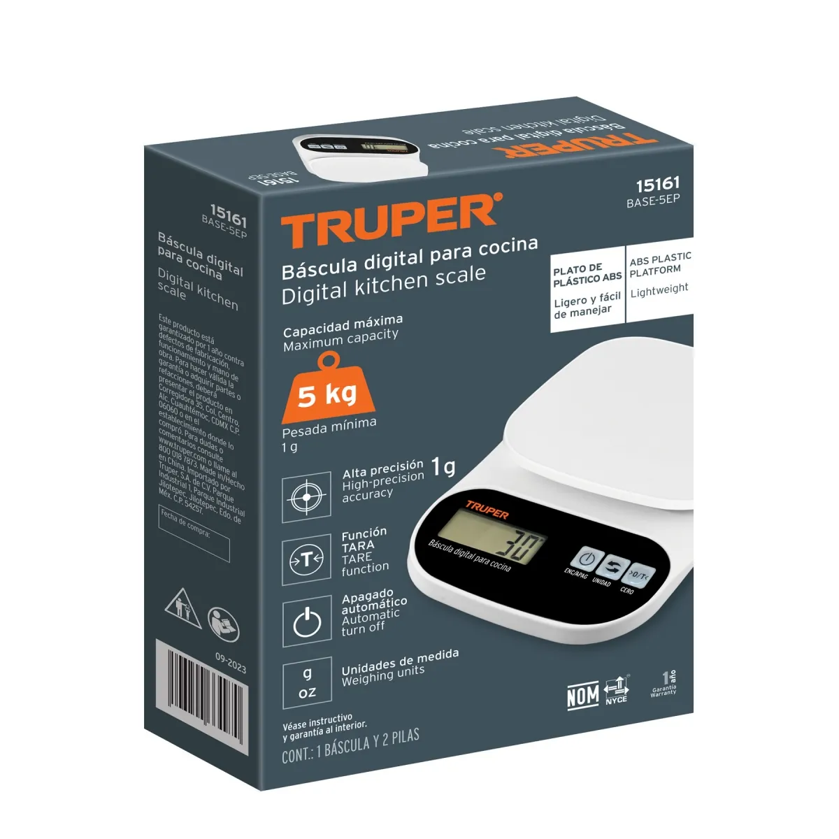 TRUPER - Balanza Gramera Digital para Cocina 5 kg, 15161 Truper