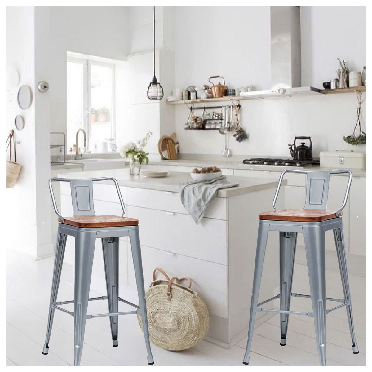 NOVAHUS - Set x 4 Bancos de Bar Tolix Asiento de Madera Gris