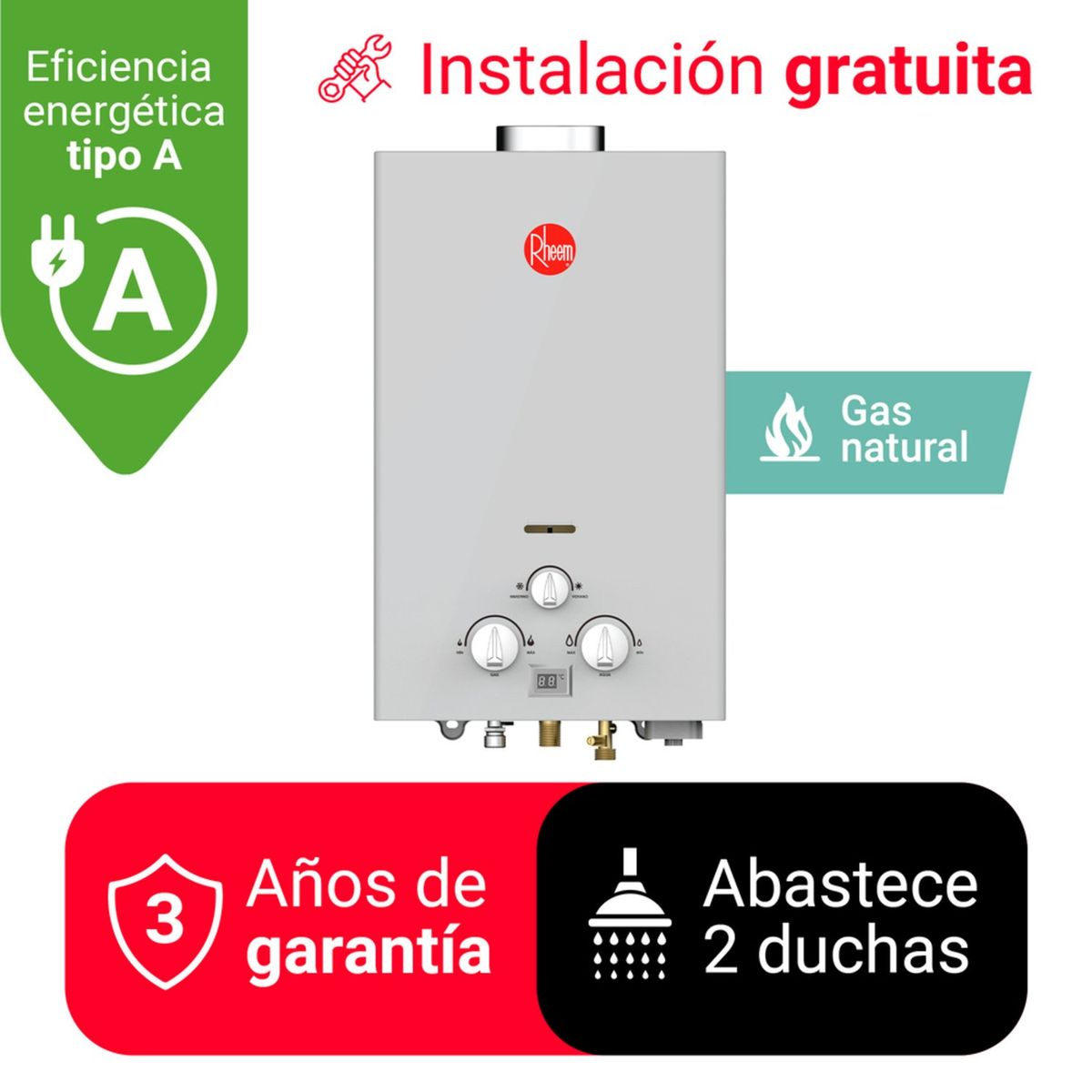 RHEEM - TERMA A GAS 10 L GAS NATURAL (GN)  RHEEM TIRO NATURAL