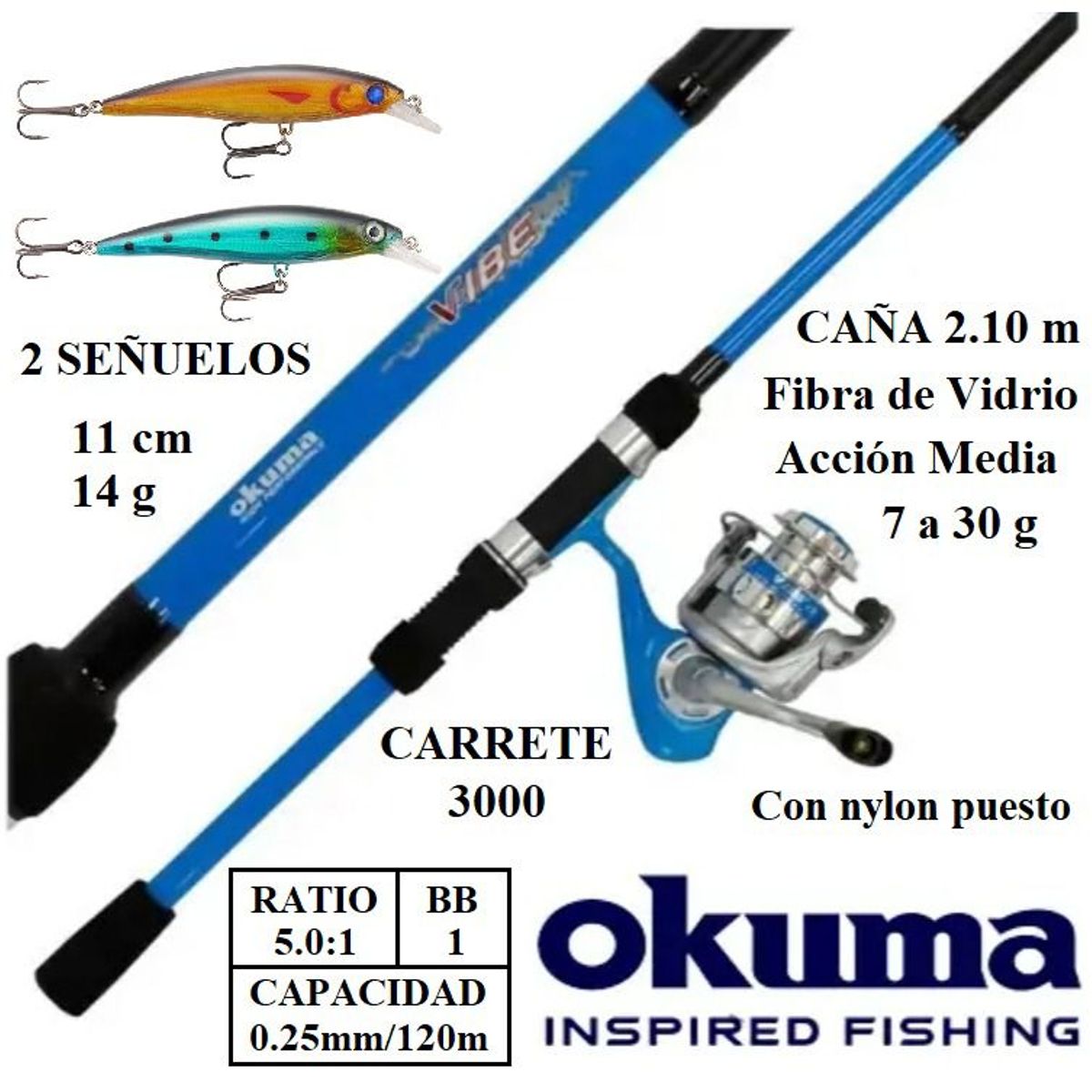 OKUMA - Equipo De Pesca Caña 2.10m Y Carrete Okuma 3000