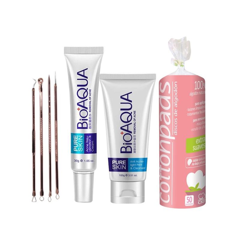 BIOAQUA - Pack Facial Pure Skin Bioaqua + Set Extractor De Acné + Discos Desmaquillantes