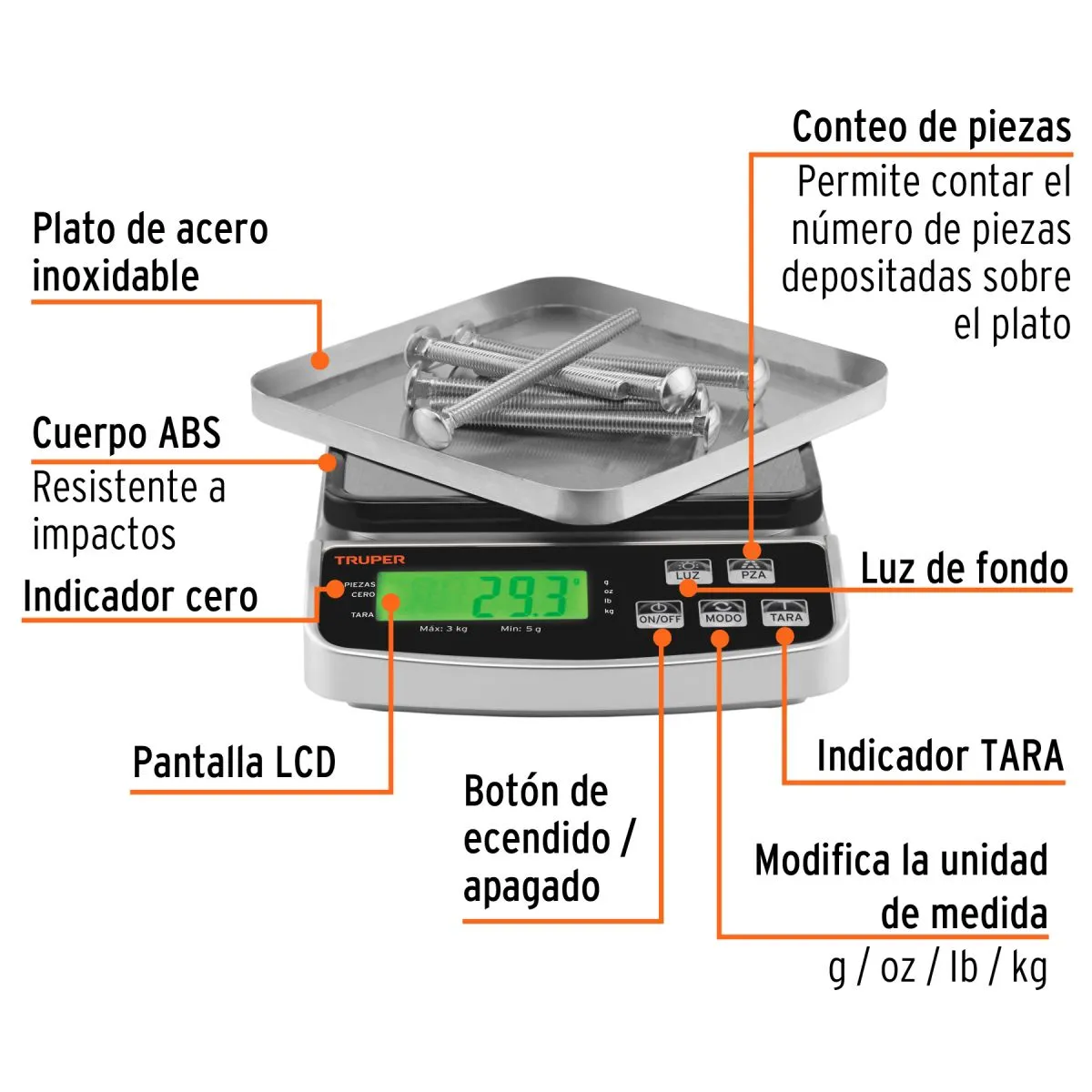 TRUPER - Balanza Gramera Electrónica para Cocina Recargable 3 kg, 102317 Truper