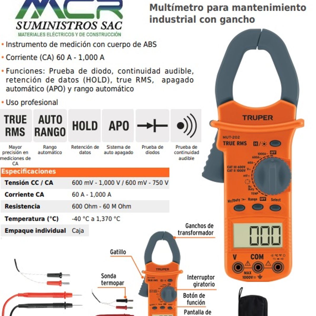 TRUPER - pinza amperimetrica con estuche de 60A  A 1000A CA truper