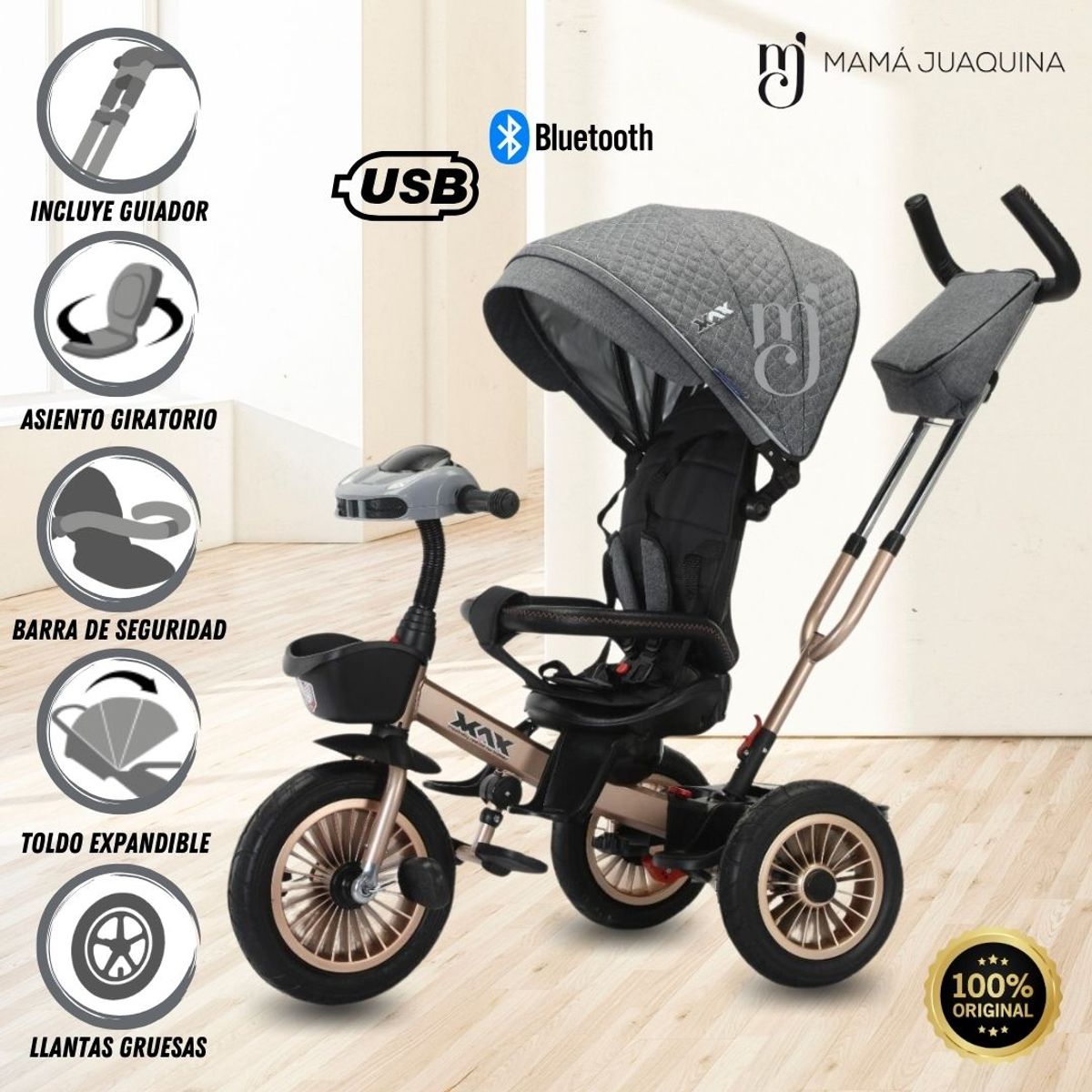 MAX - Triciclo Guiador Giratorio «MAX STEEL» USB Bluetooth Gray