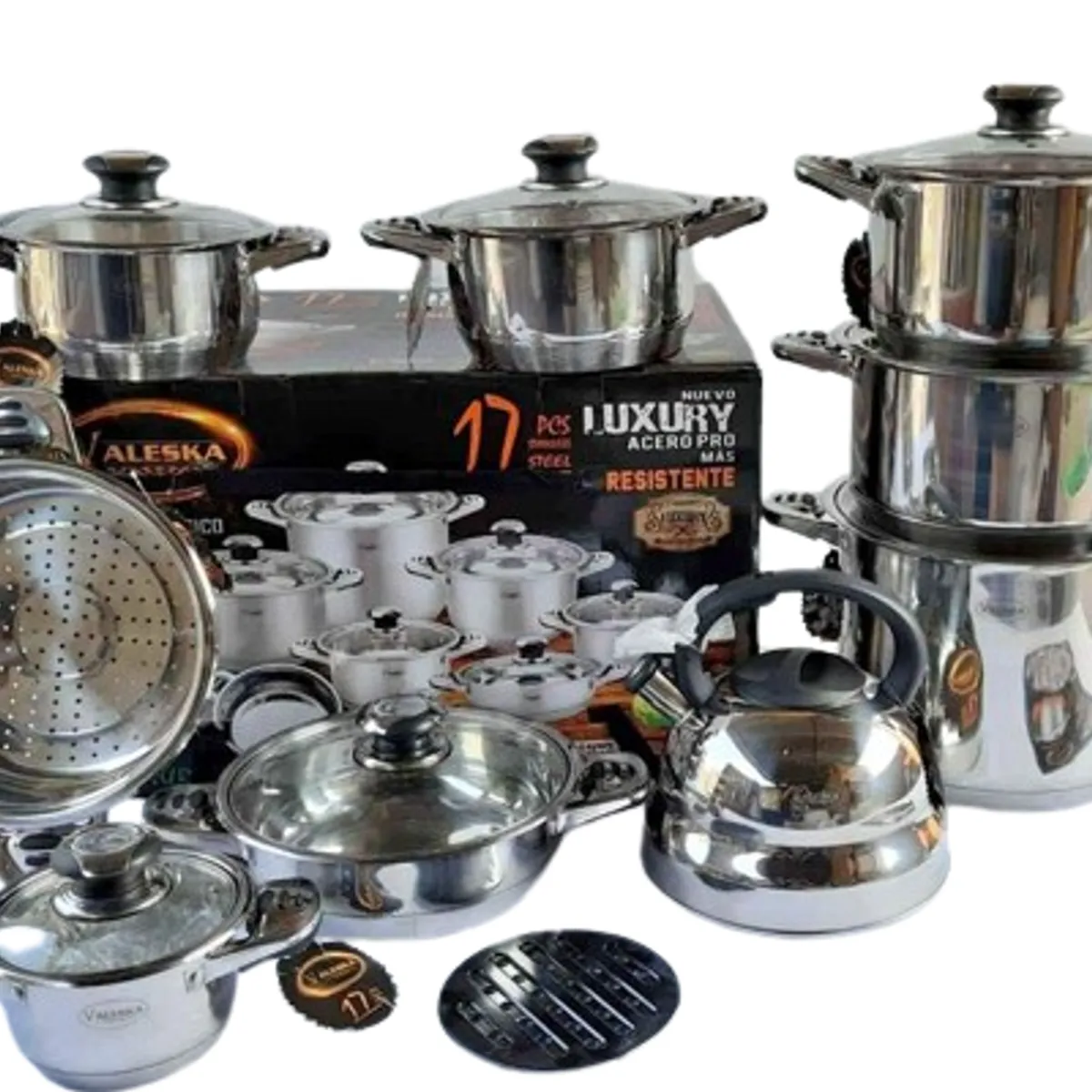VALESKA - Juego de Ollas 17 Piezas Acero Quirúrgico Valeska -tapas de vidrio