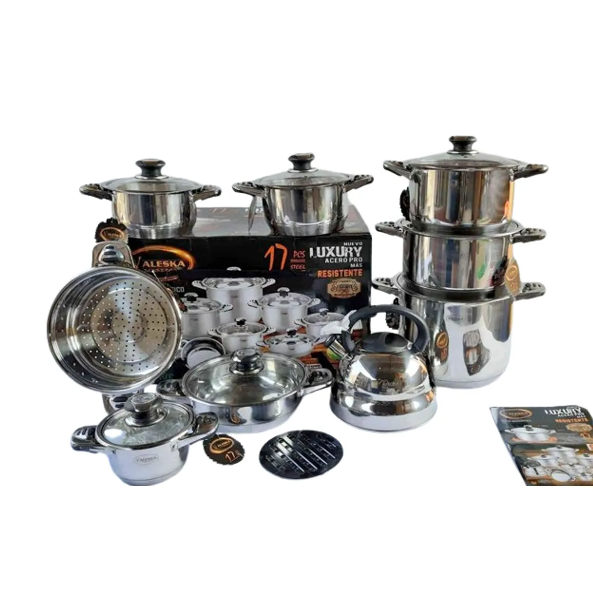VALESKA - Juego de Ollas 17 Piezas Acero Quirúrgico Valeska -tapas de vidrio