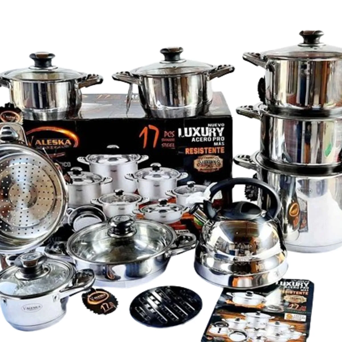 VALESKA - Juego de Ollas 17 Piezas Acero Quirúrgico Valeska -tapas de vidrio
