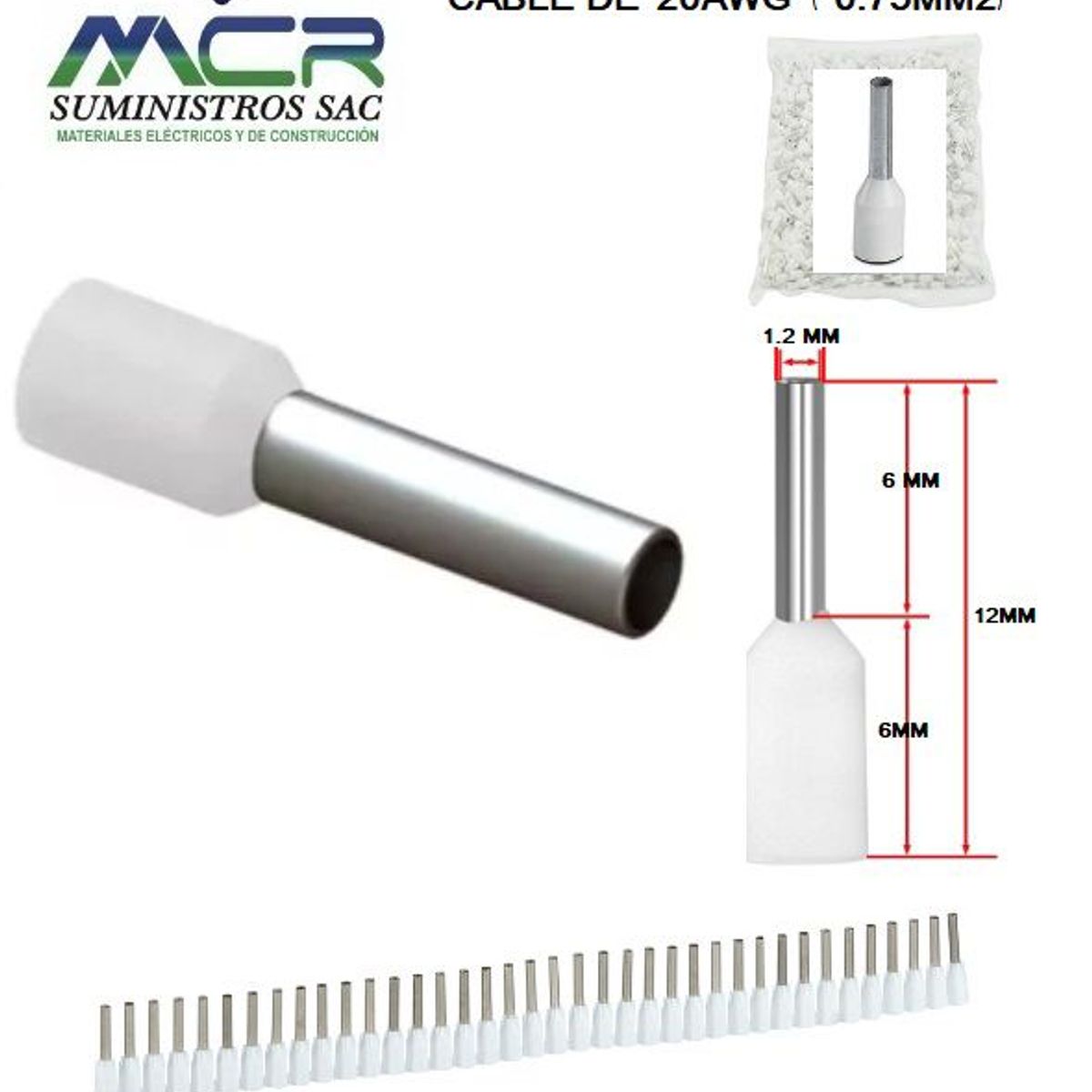 GENERICO - TERMINAL TUBULAR O CONECTOR PARA CABLES DE 20AWG 075MM2 PACK 100UND