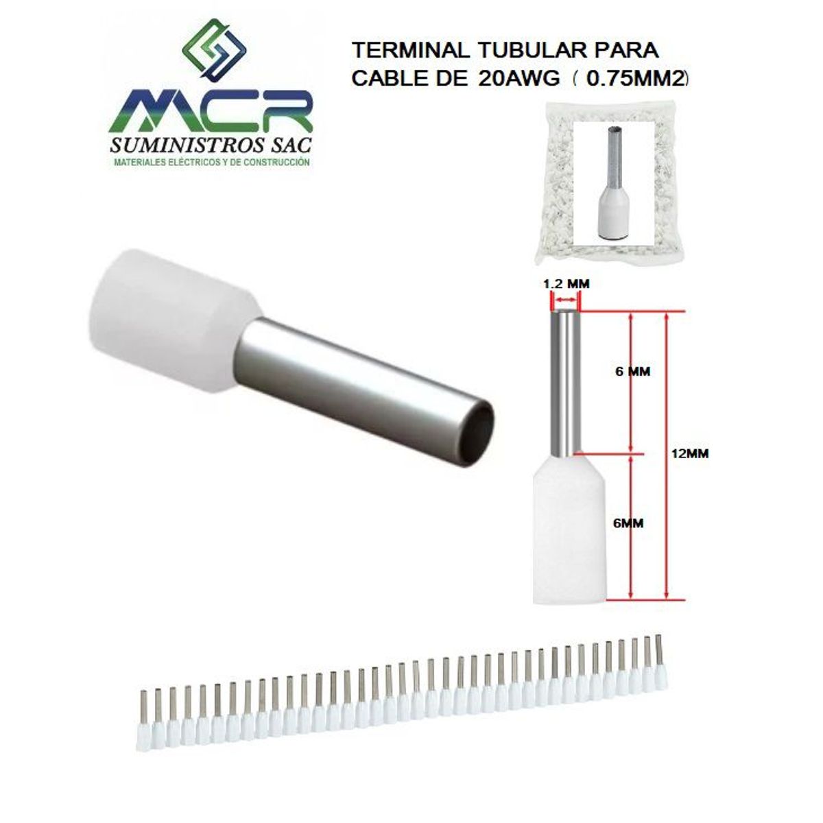 GENERICO - TERMINAL TUBULAR O CONECTOR PARA CABLES DE 20AWG 075MM2 PACK 100UND