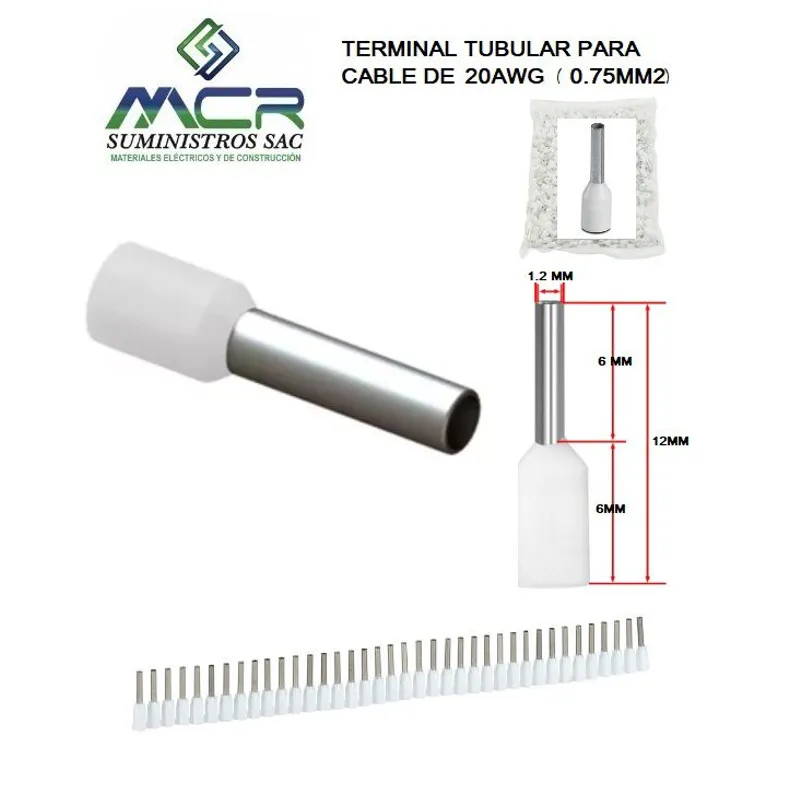 GENERICO - TERMINAL TUBULAR O CONECTOR PARA CABLES DE 20AWG 075MM2 PACK 100UND