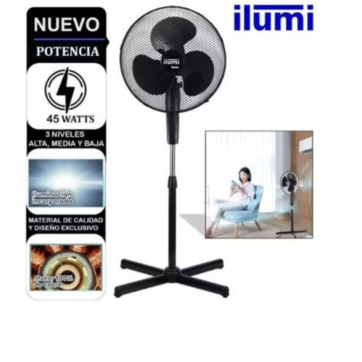 ILUMI - Ventilador Ilumi de Pedestal 3 Velocidades con Iluminación 45W