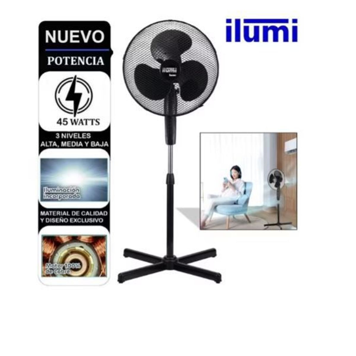 ILUMI - Ventilador Ilumi de Pedestal 3 Velocidades con Iluminación 45W