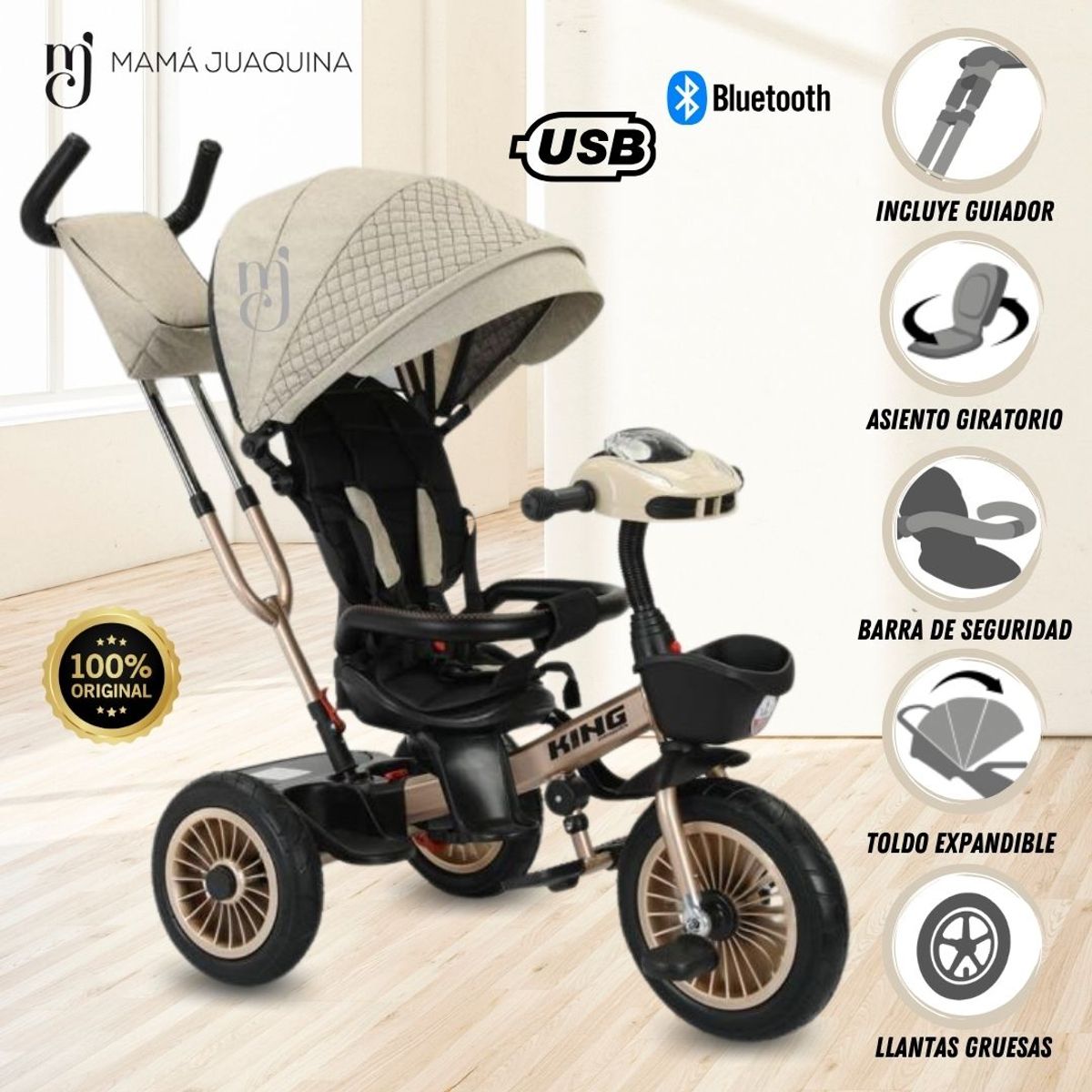 MAX - Triciclo Guiador Giratorio «MAX STEEL» USB Bluetooth Beige