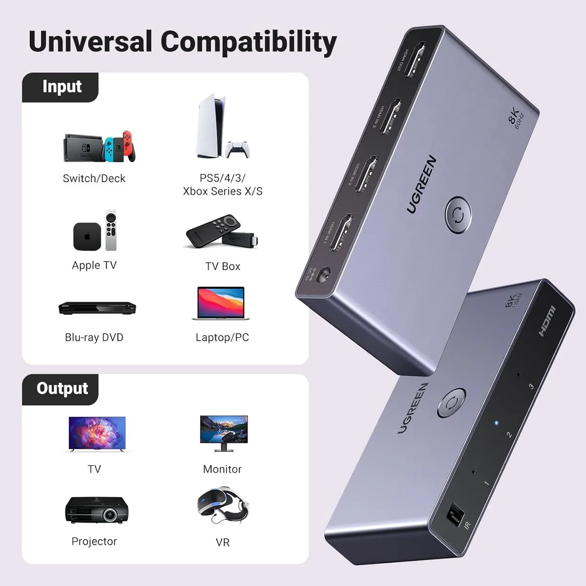 UGREEN - Ugreen Switch HDMI 2.1 Aluminio 3 en 1 Ultra HD 8K CM624 - 15604