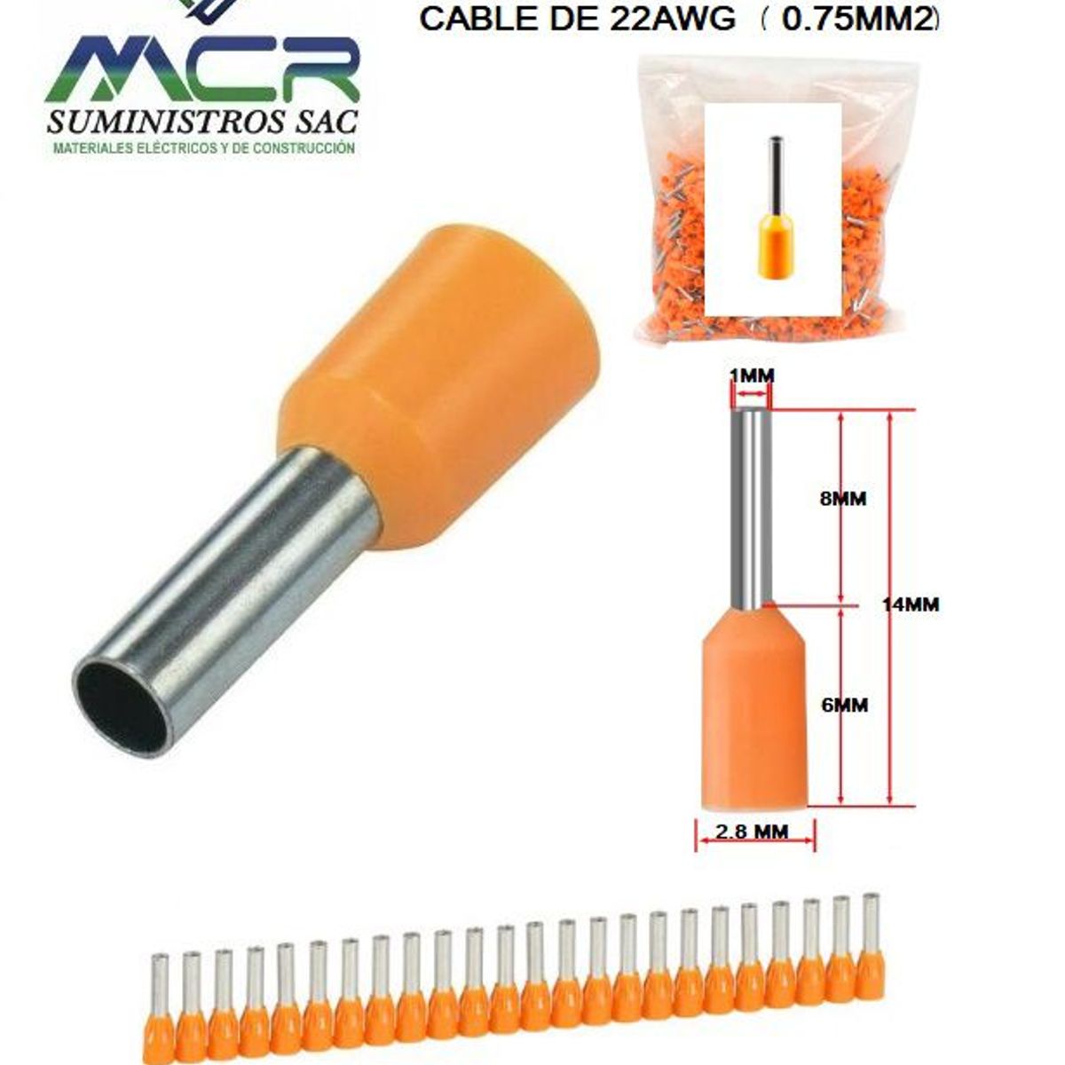 GENERICO - TERMINAL TUBULAR O CONECTOR PARA CABLES DE 22AWG 0,75 MM2 PACK100UND