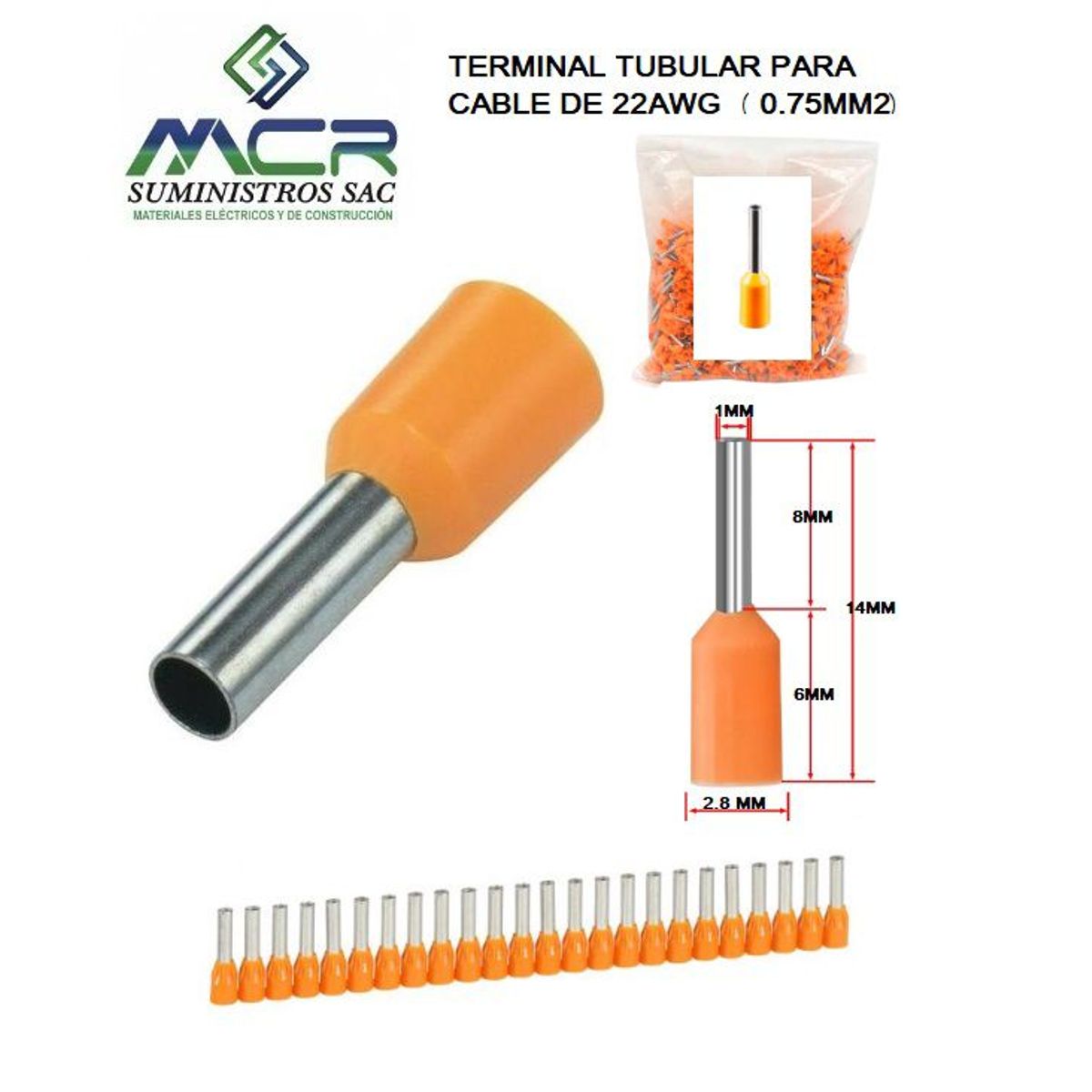 GENERICO - TERMINAL TUBULAR O CONECTOR PARA CABLES DE 22AWG 0,75 MM2 PACK100UND