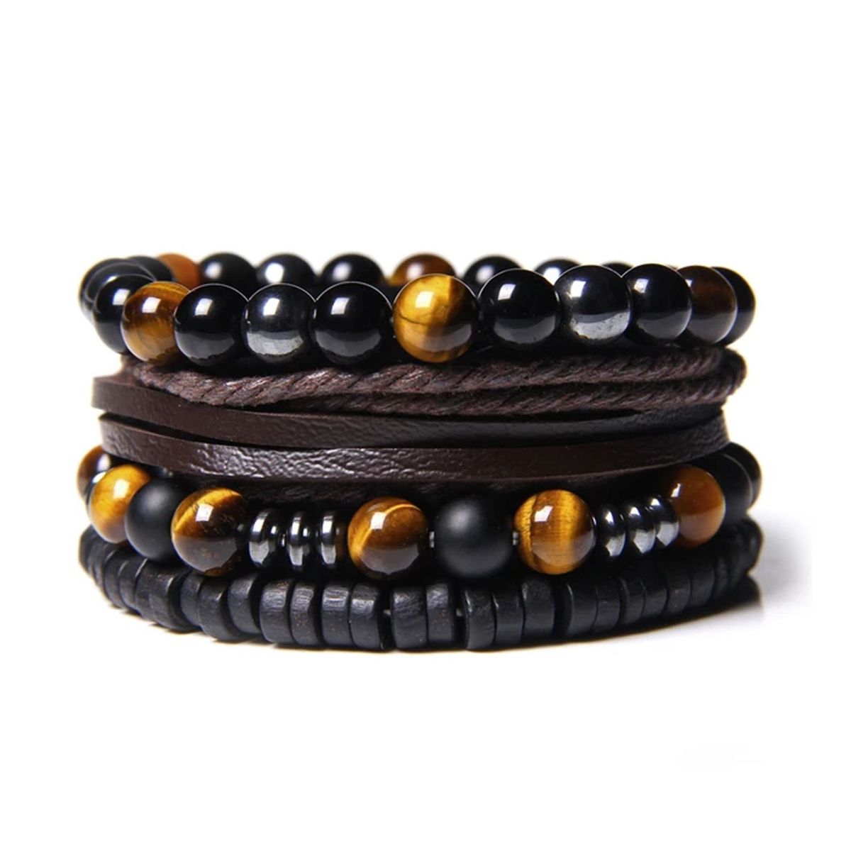 GENERICO - Pack x4 Pulseras Piedras Naturales Unisex Onix Negro Ojo De Tigre