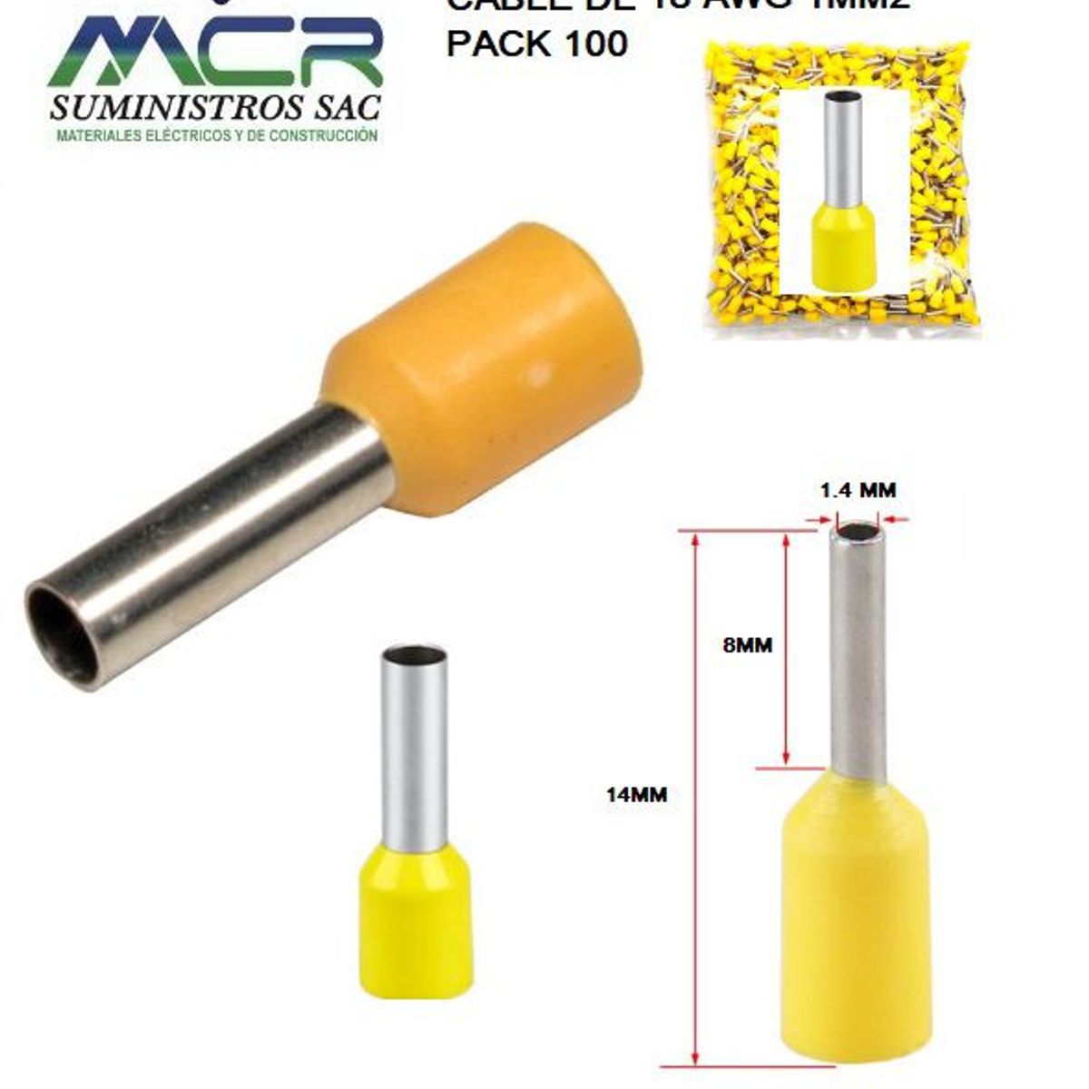 GENERICO - TERMINAL TUBULAR O CONECTOR PARA CABLES DE 18AWG 1MM2 PACK100UND