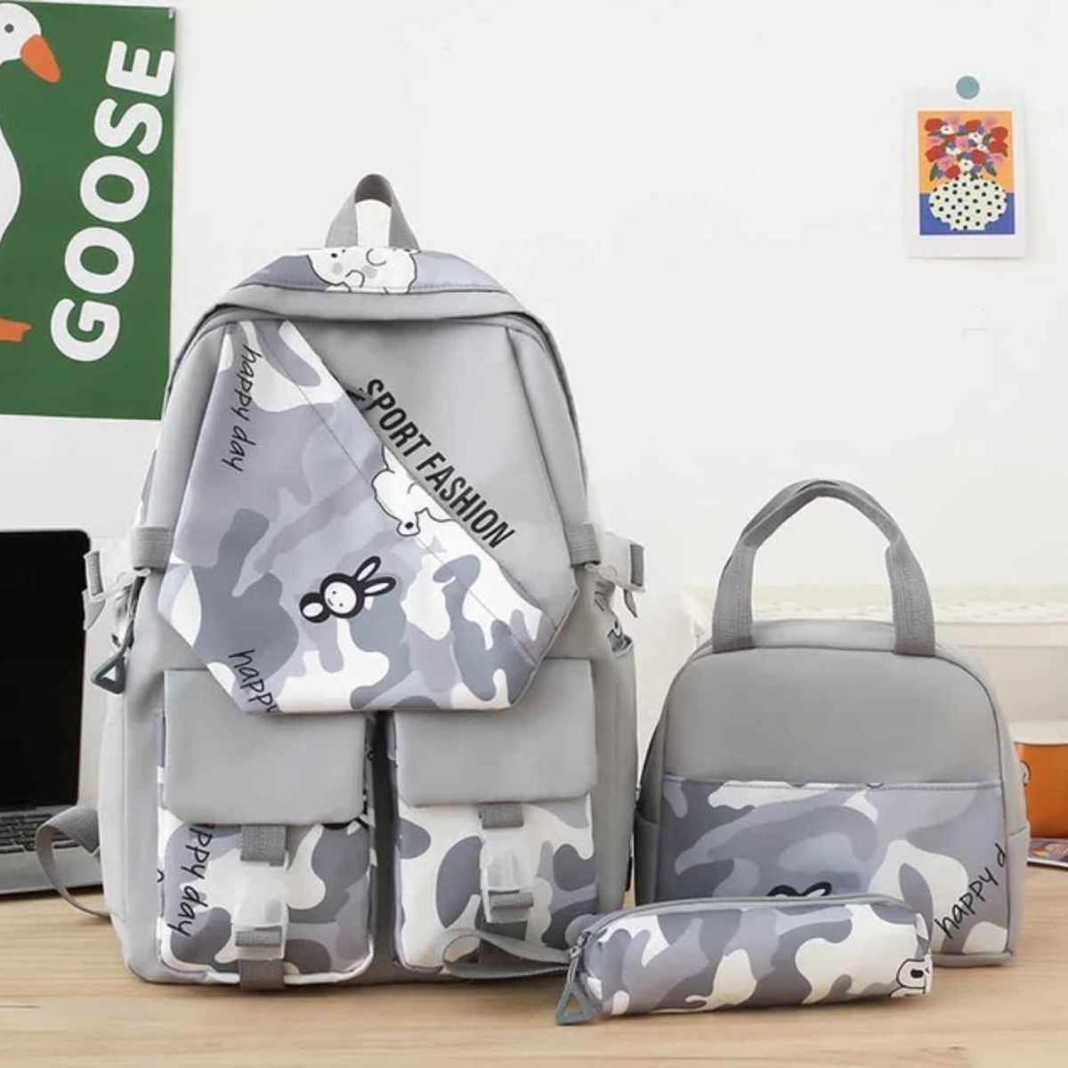 GENERICO - Mochila Grande Camuflaje 2024 con Lonchera y Cartuchera Niñas Escolar