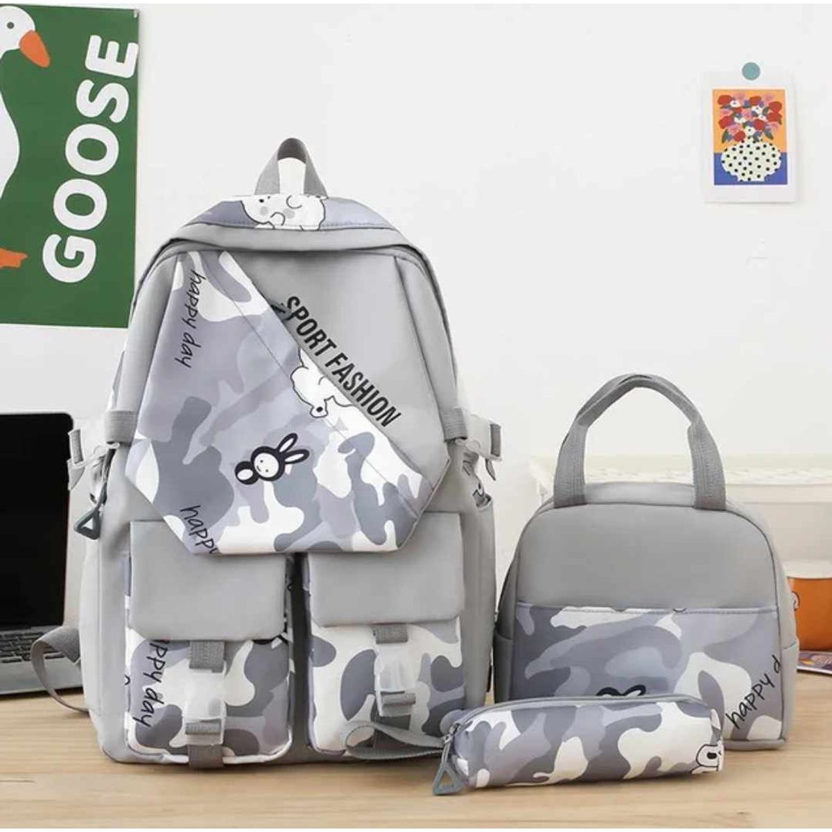 GENERICO - Mochila Grande Camuflaje 2024 con Lonchera y Cartuchera Niñas Escolar