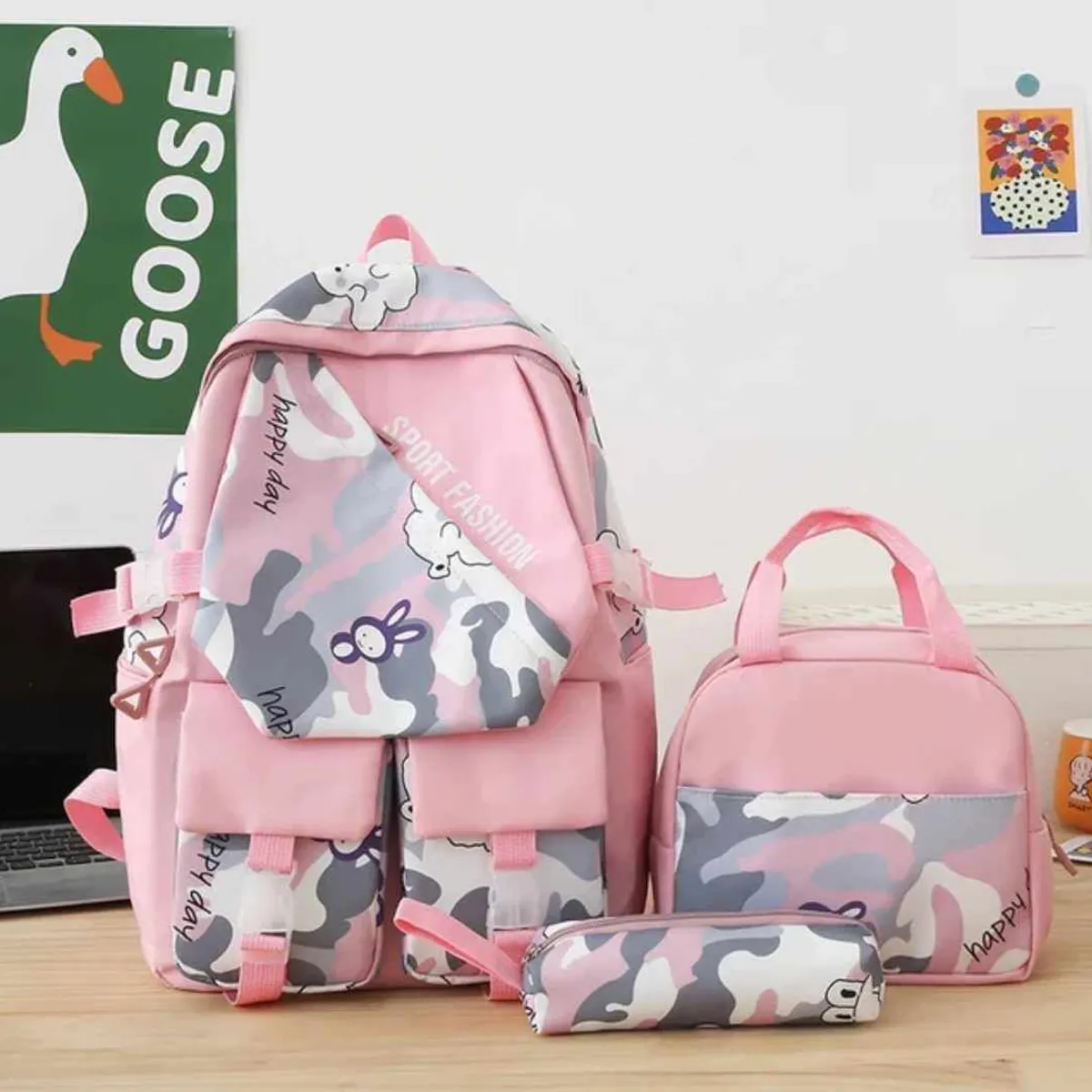 GENERICO - Mochila Grande Camuflaje 2024 con Lonchera y Cartuchera Niñas Escolar