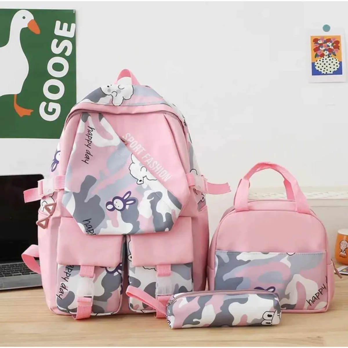 GENERICO - Mochila Grande Camuflaje 2024 con Lonchera y Cartuchera Niñas Escolar