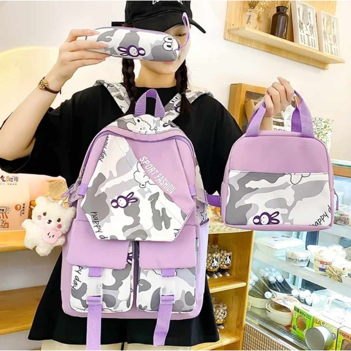 GENERICO - Mochila Grande Camuflaje 2024 con Lonchera y Cartuchera Niñas Escolar