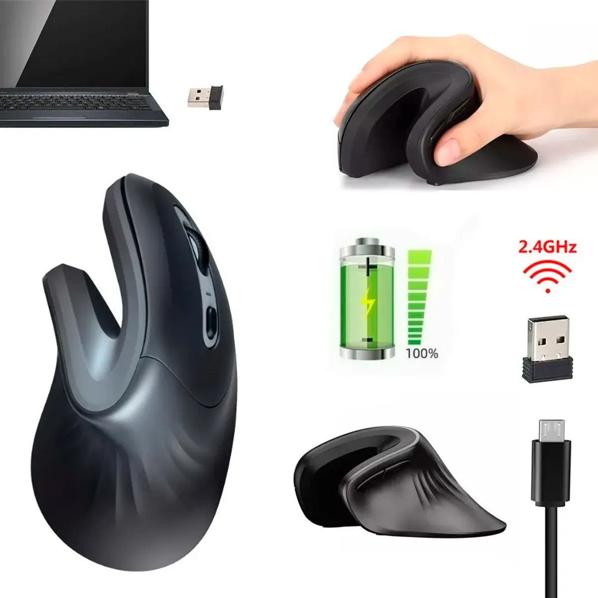 IMPORTADO MC - Mouse Inalambrico Ergonómico Vertical Recargable 1600 DPI USB 2.4Hz