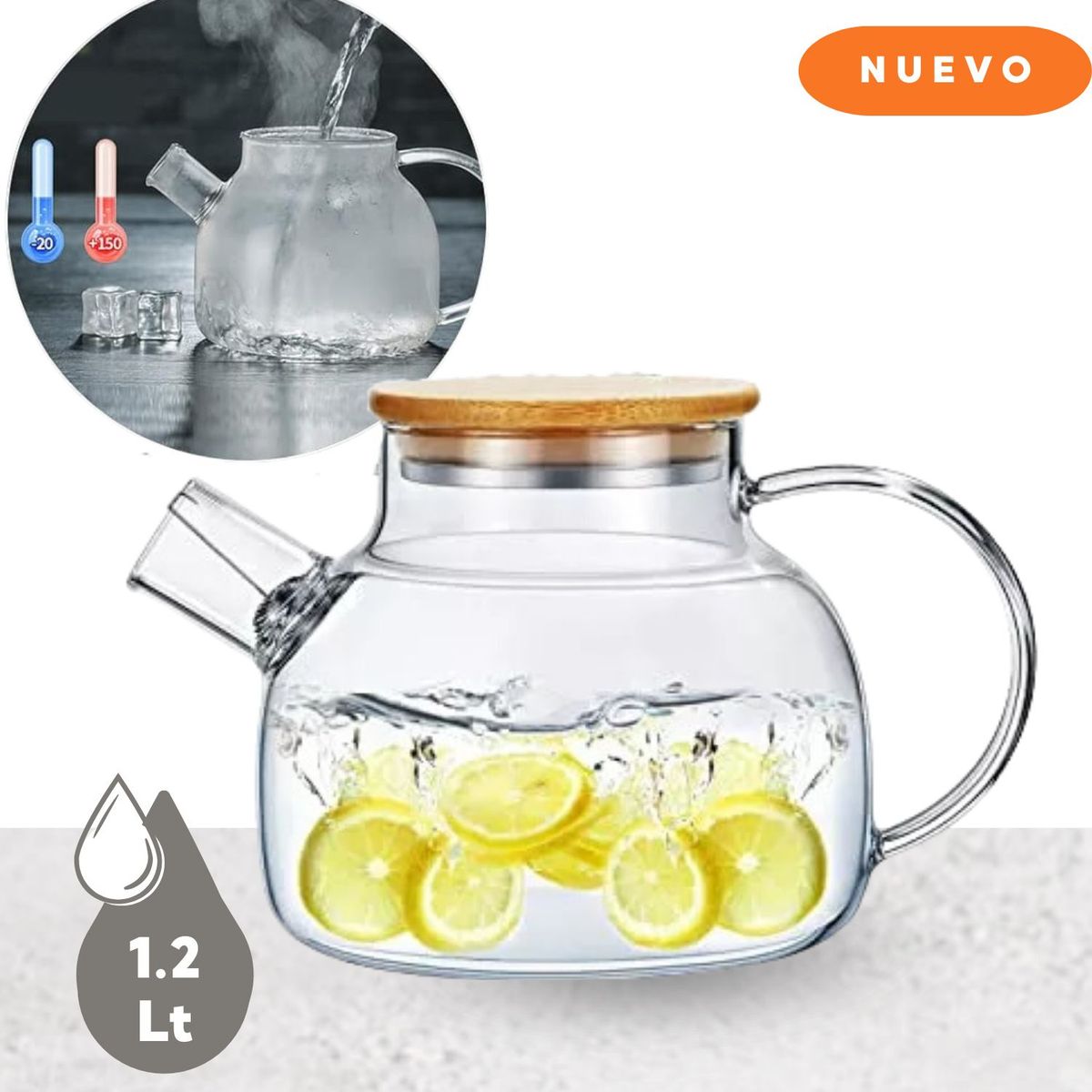GENERICO - Tetera Transparente de Vidrio de Borosilicato con Tapa de Bambú  1.2 L