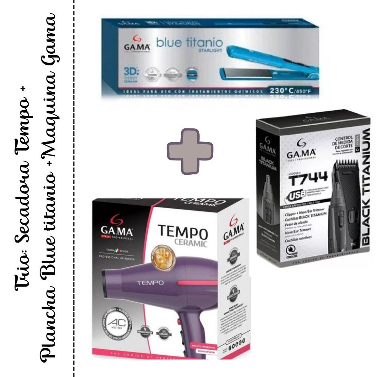 GAMA - Trio Gama Secadora Profesional Tempo Morada 3D - Plancha Alisadora Blue Titanio 3D Dig - Maquina Black