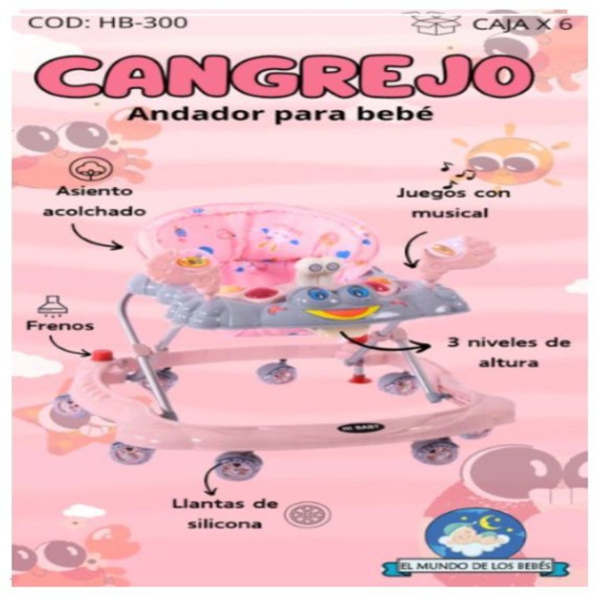 GENERICO - Andador para Bebes CANGREJO rosado gris