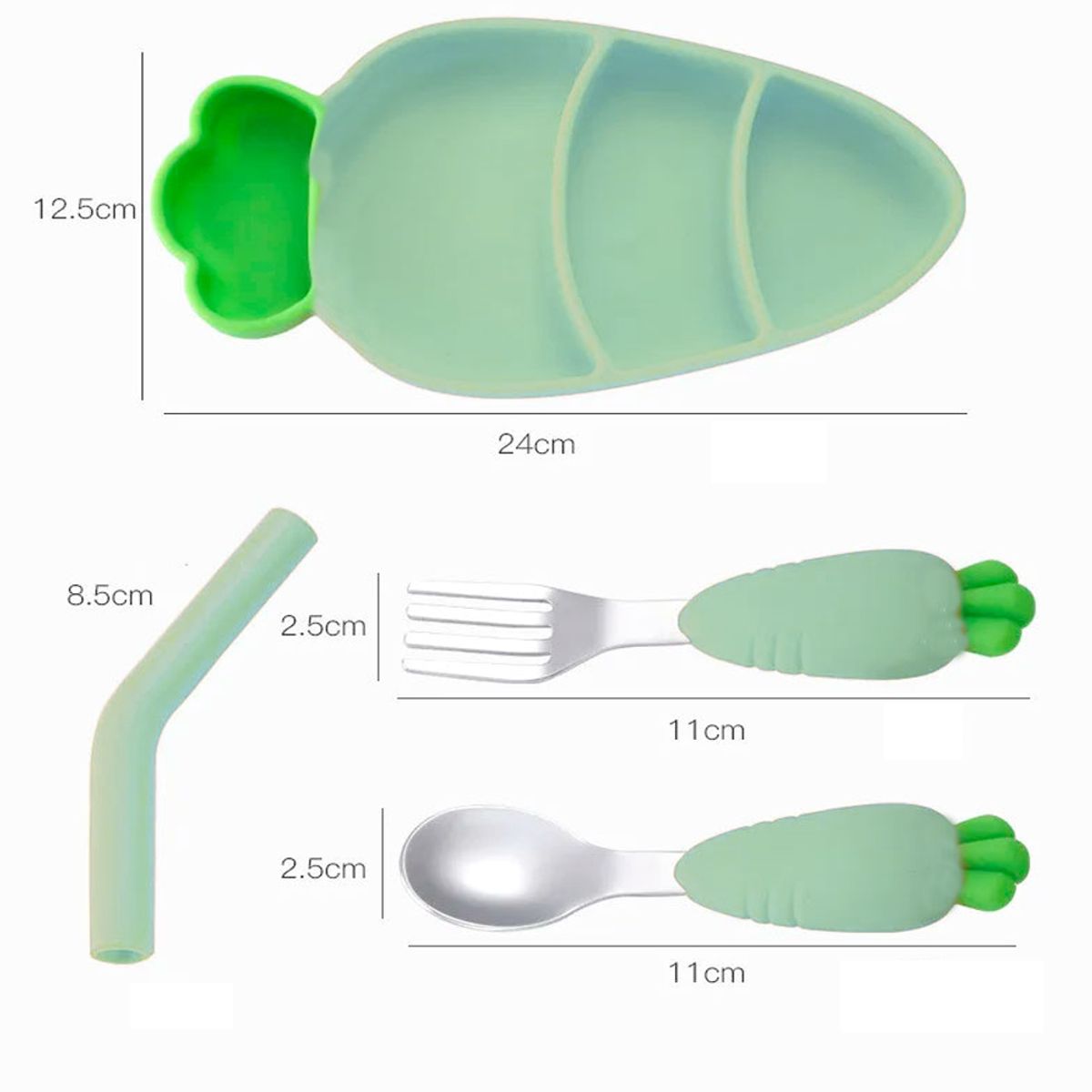 GENERICO - Set plato zanahoria verde con cubiertos para bebe
