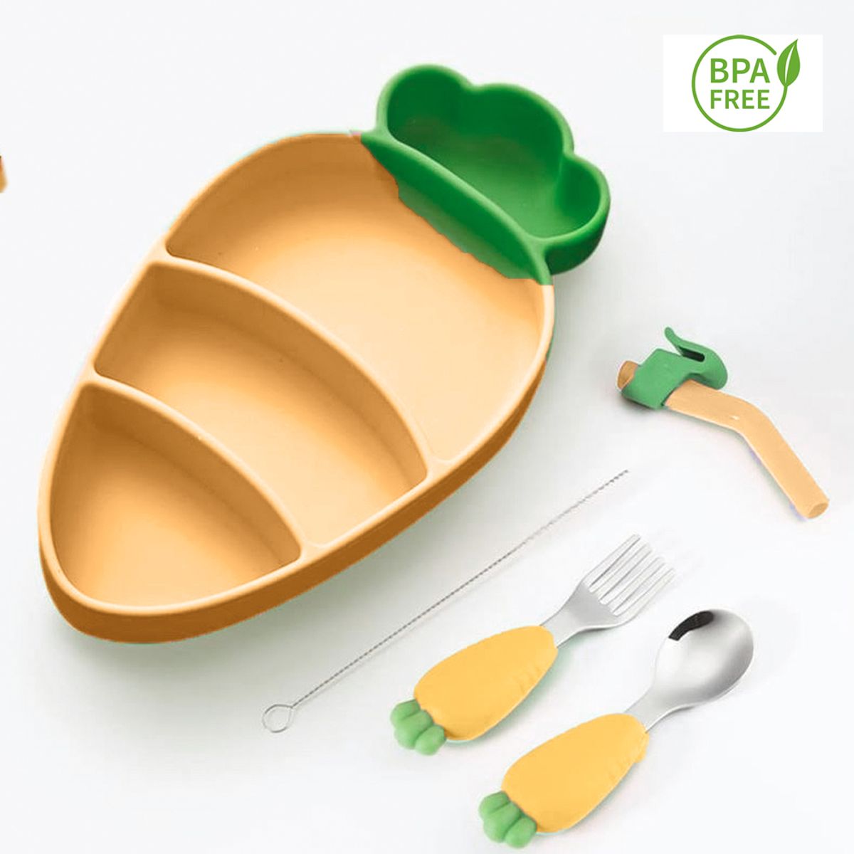 GENERICO - Set plato zanahoria amarillo con cubiertos para bebe