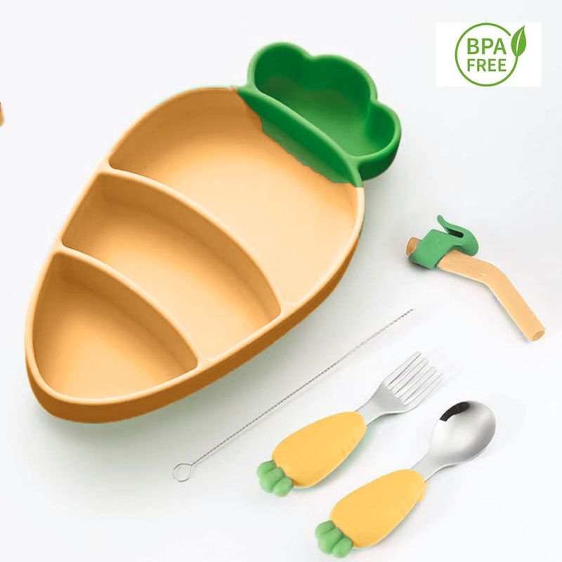 GENERICO - Set plato zanahoria amarillo con cubiertos para bebe