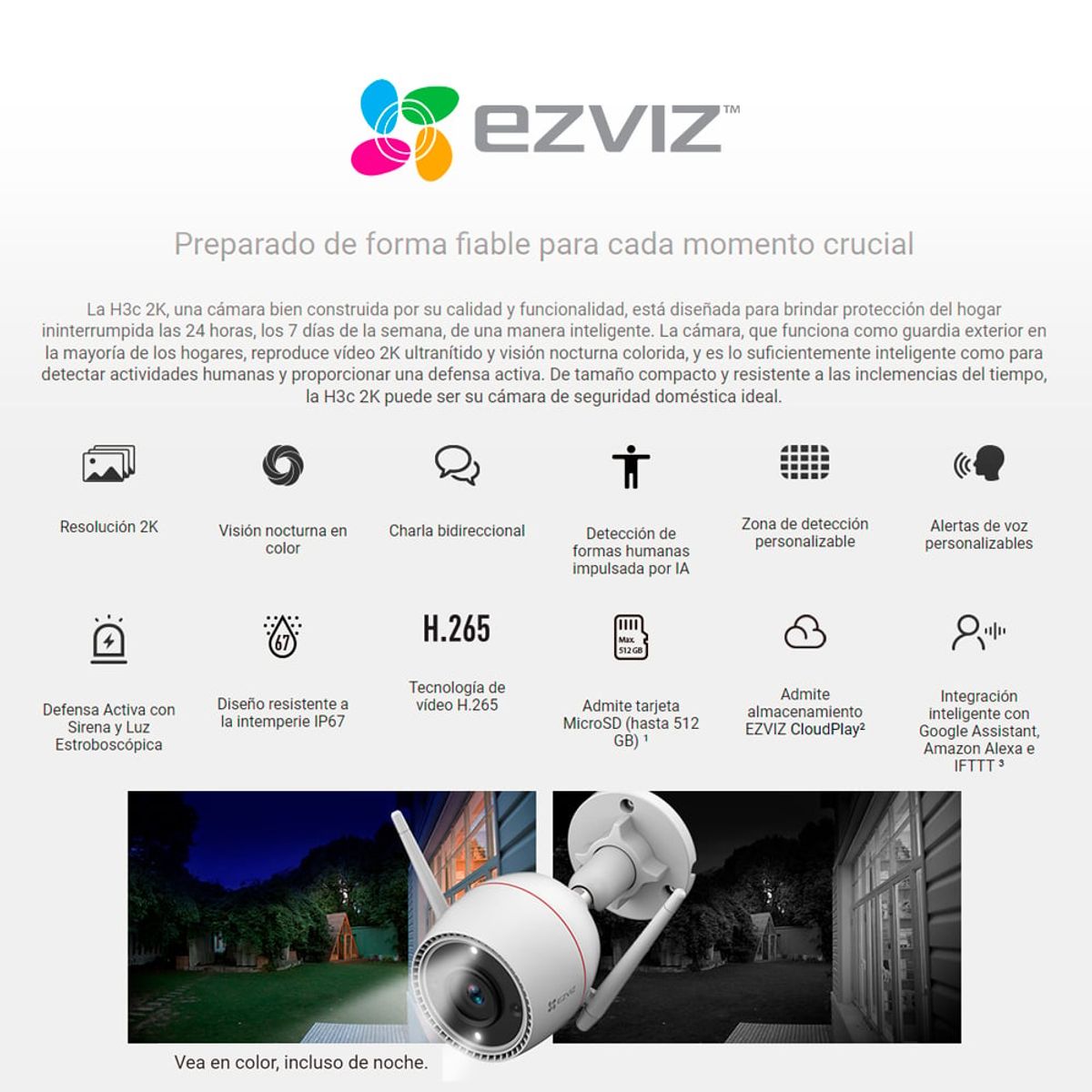 EZVIZ - Cámara De Seguridad Inteligente Para Exteriores H3C 2K Ezviz + SD 64 GB