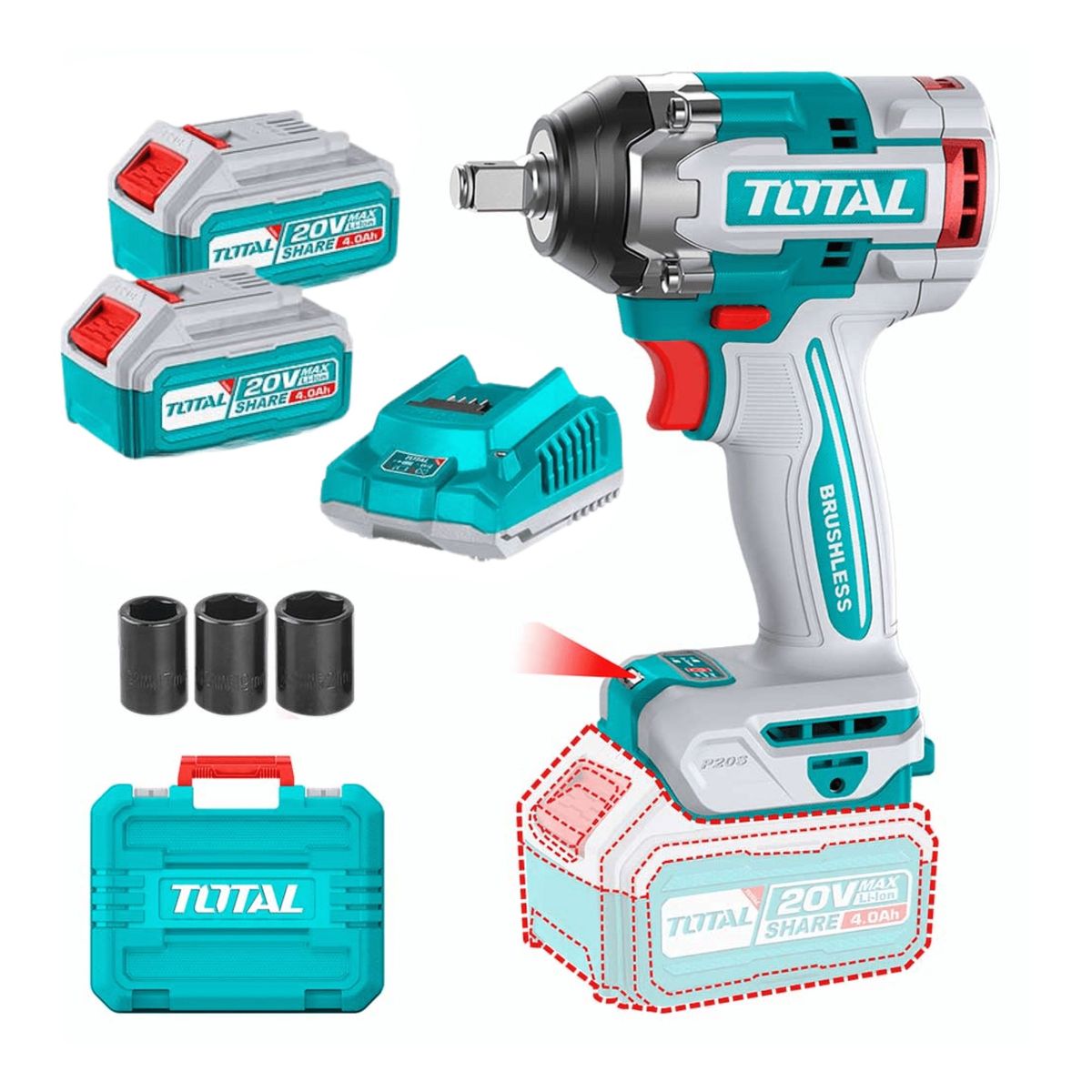 TOTAL TOOLS - Llave de impacto 500nm 2 baterias 4ah Total