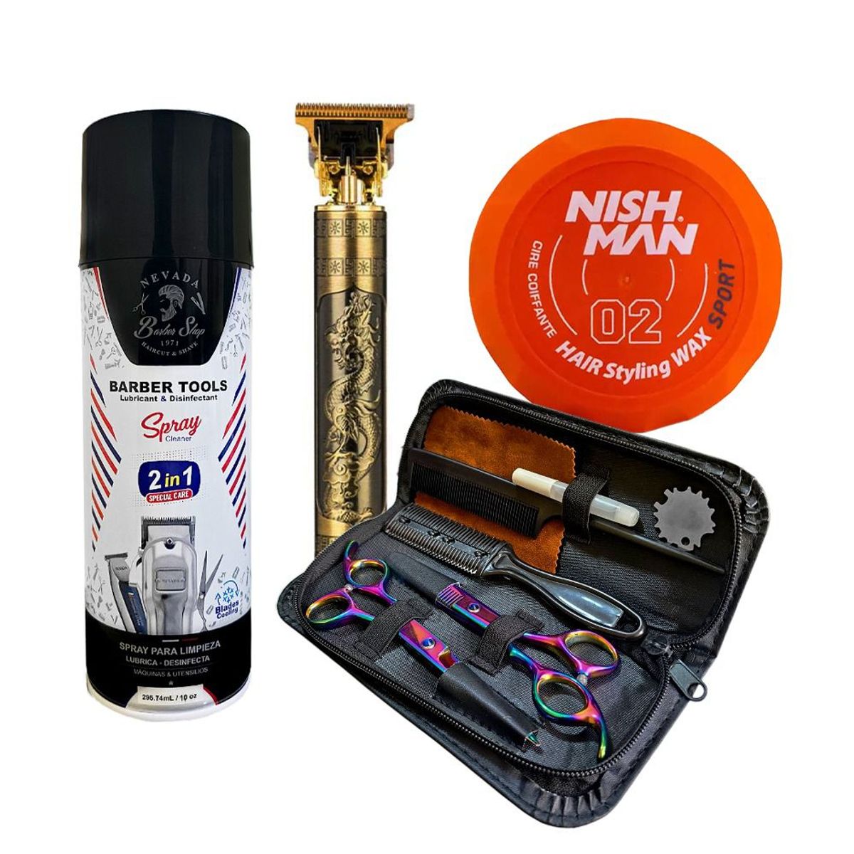 GENERICO - Kit de Tijeras + Afeitadora Clipper + Spray Lubricante + Cera Nishman