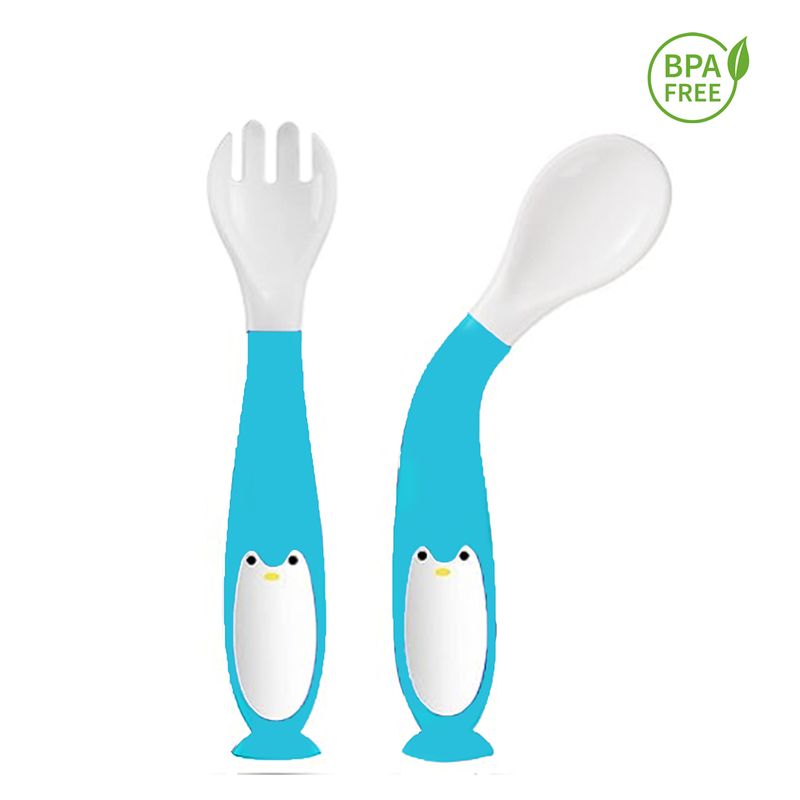 GENERICO - Pack cubiertos de flexible pingüino celeste agua para bebe