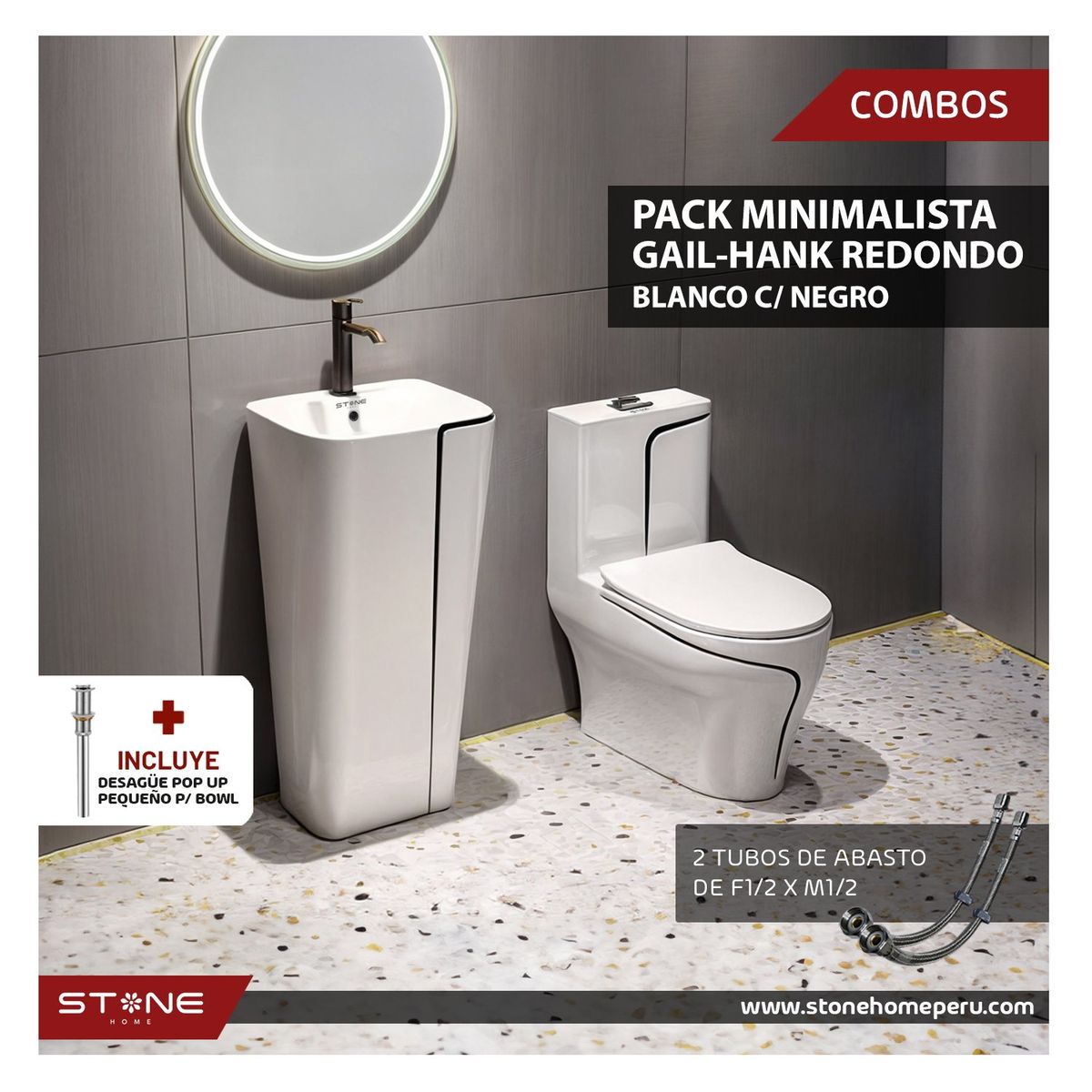 STONE - COMBO INODORO  MINIMALISTA HANK REDONDO LAVADERO GAIL BLANCO/NEGRO