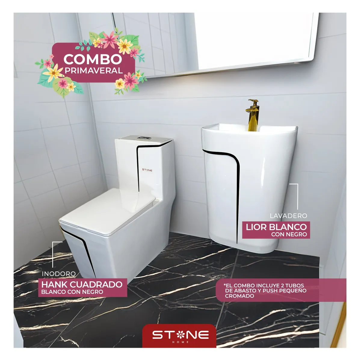 STONE - COMBO INODORO HANK CUADRADO- LAVADERO LIOR BLANCO STONE