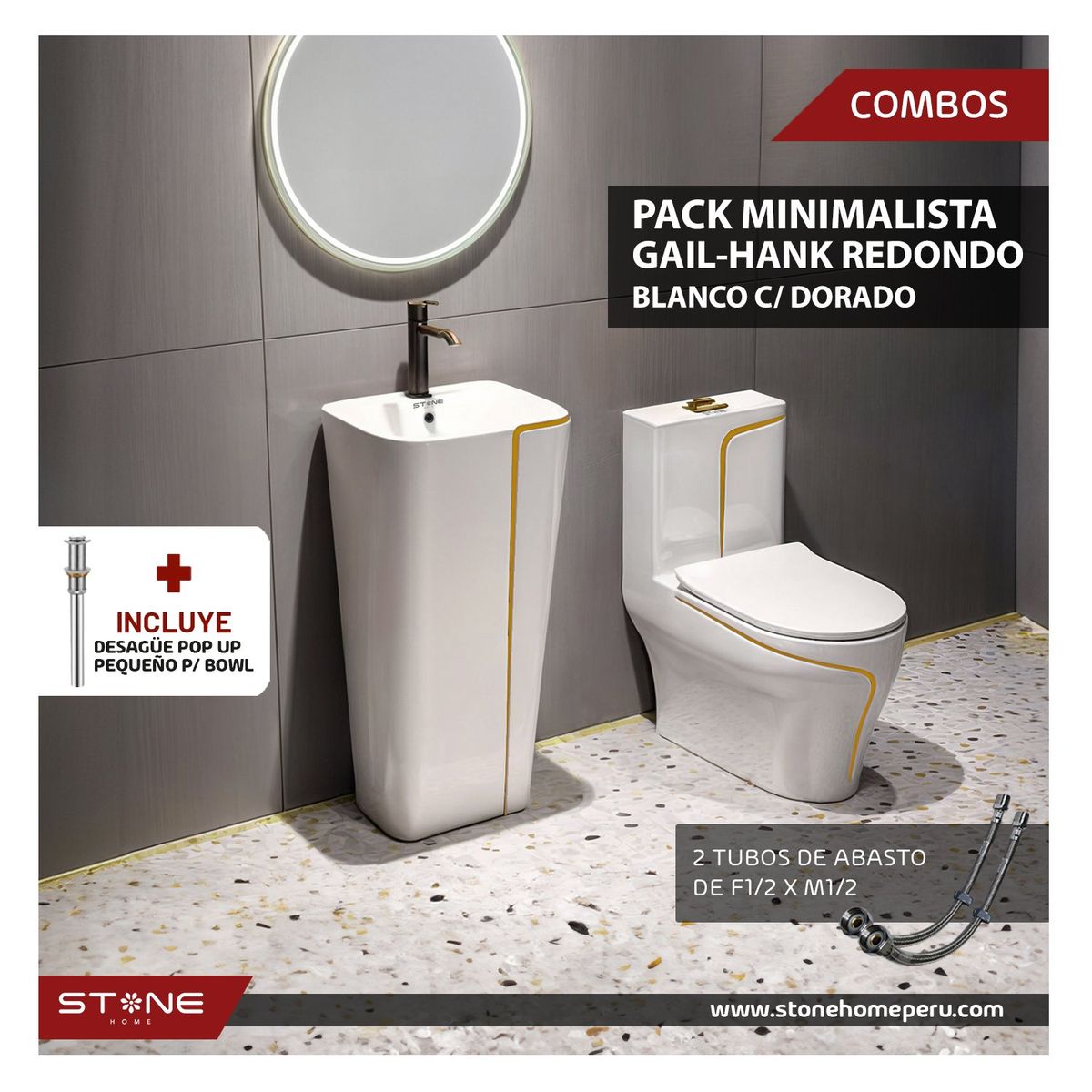 STONE - COMBO INODORO HANK REDONDO BLANCO C DORADO - GAIL BLANCO STONE